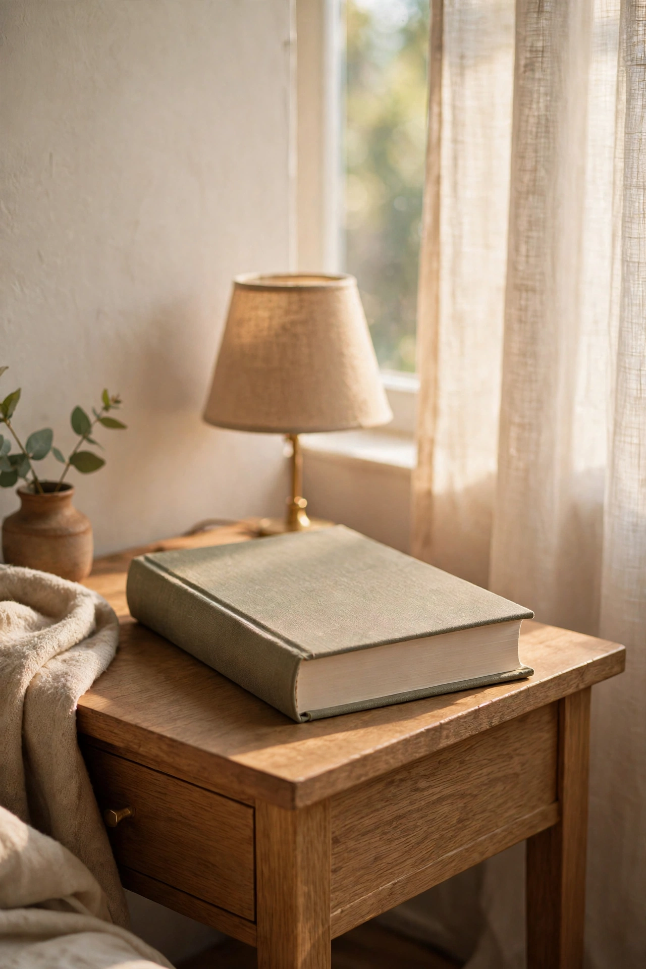 Beautiful clothbound book displayed face up on a nightstand