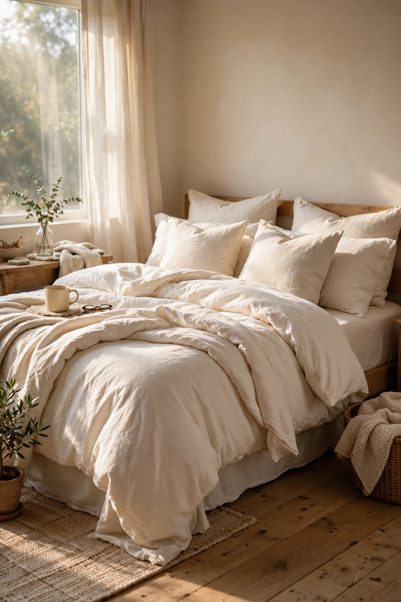 Bedroom with warm white cotton duvet set layered over a cream bed