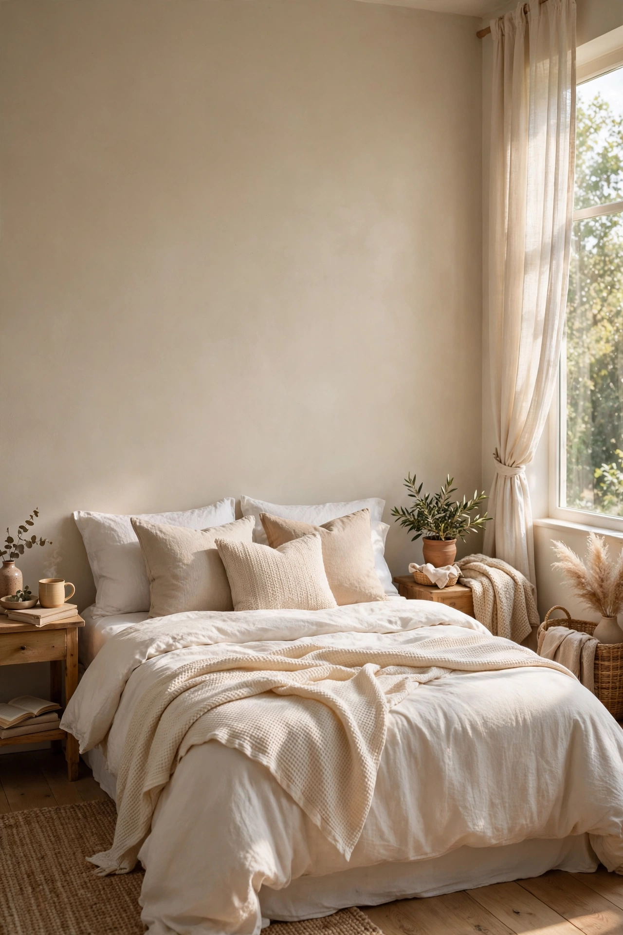 Bedroom with a creamy greige accent wall behind a white bed