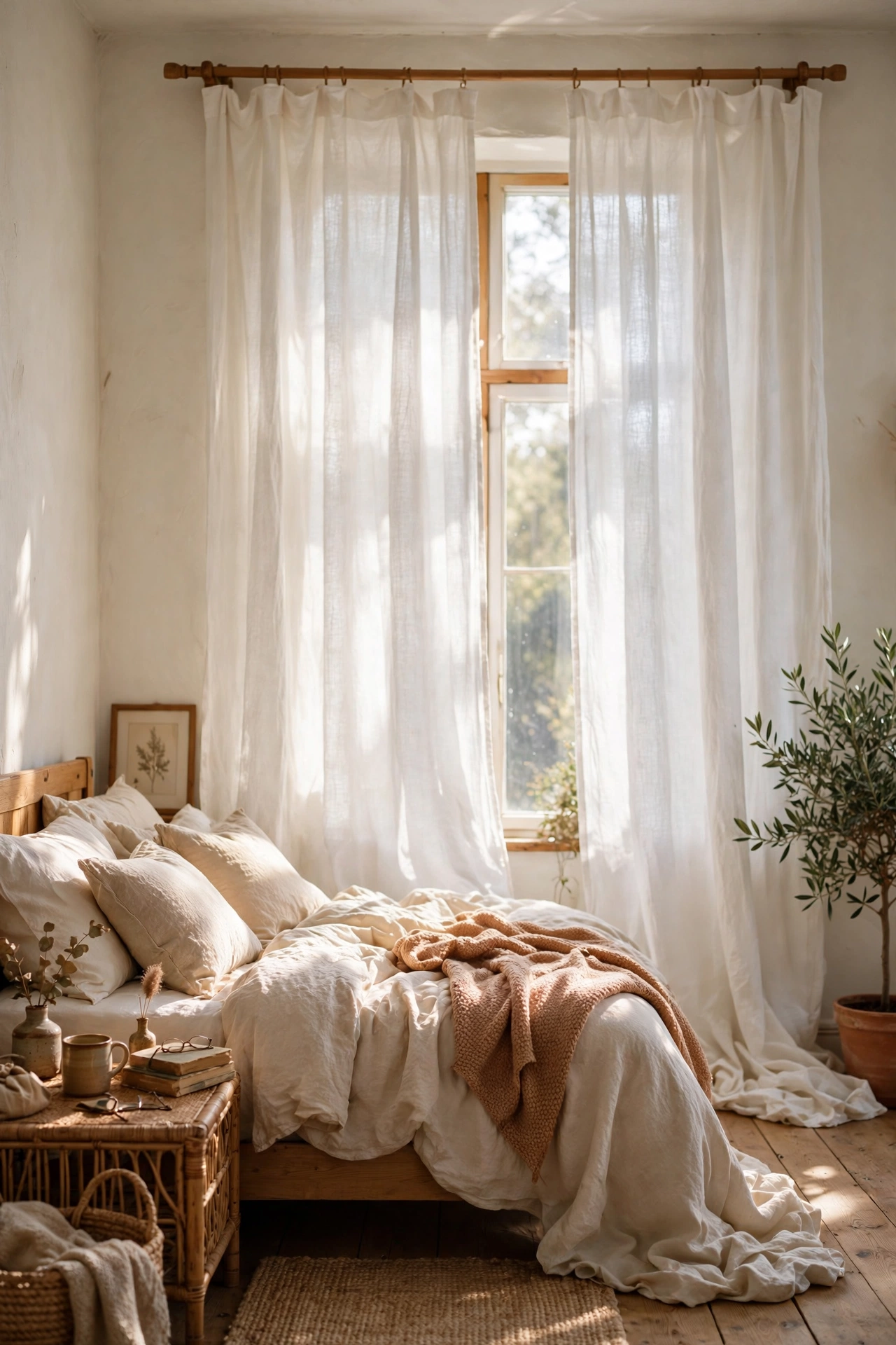 White linen curtain panels glowing softly on a bedroom window