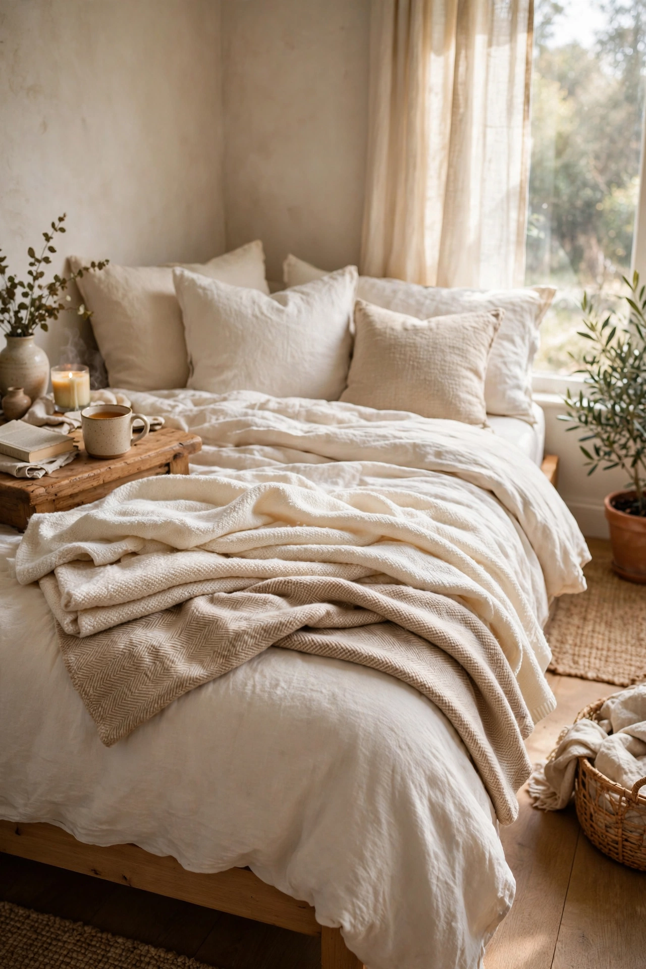 Bed layered with ivory, cream and beige throw blankets at the foot