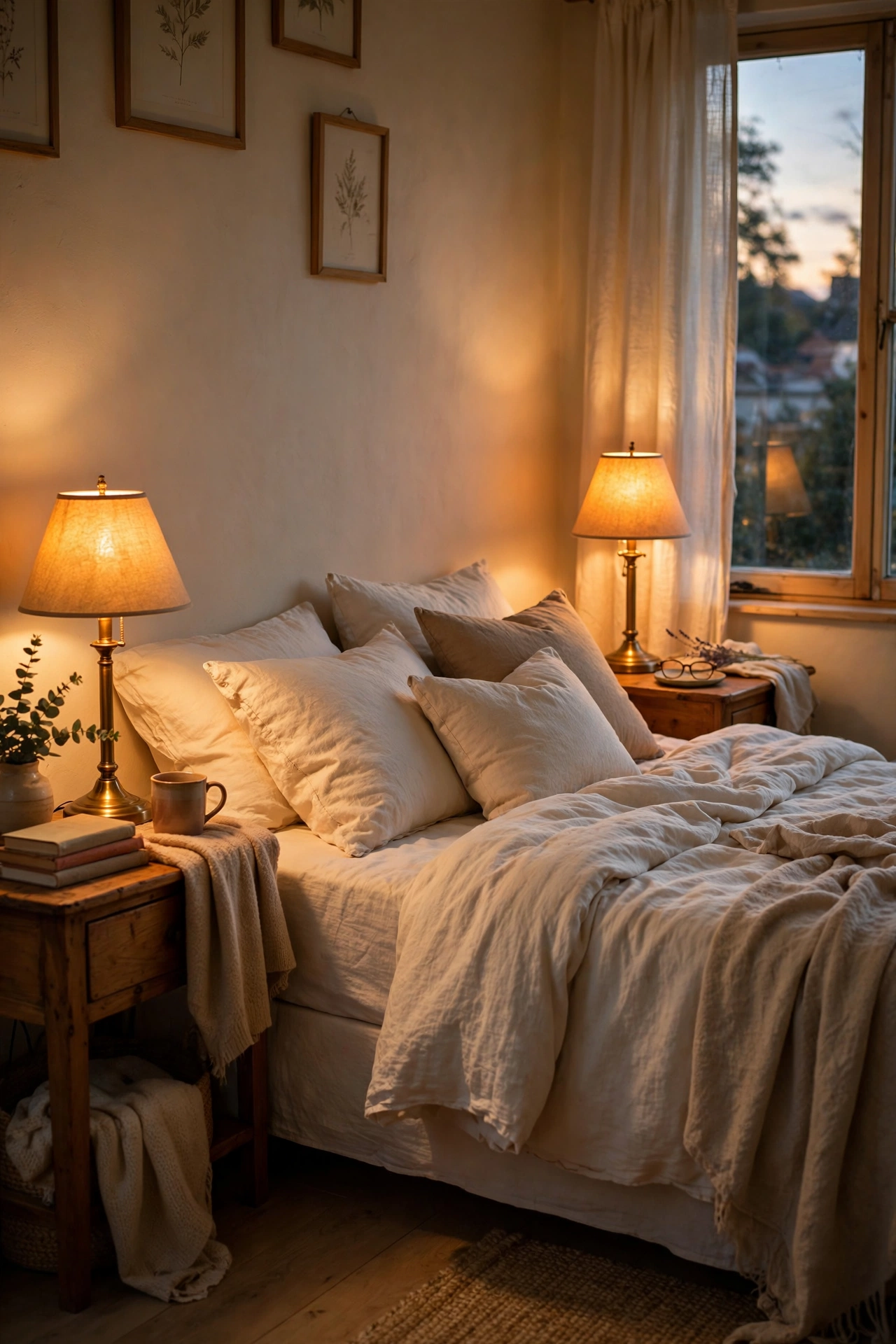 Brass-style bedside lamps glowing warm light beside a cream bed
