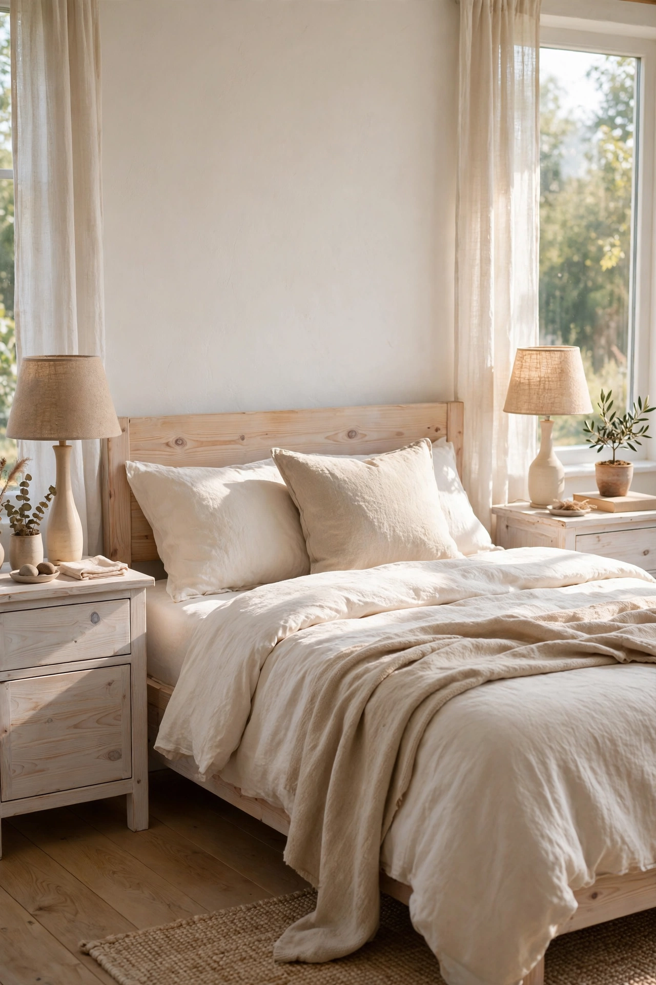 Whitewashed pine nightstands flanking a warm white bed