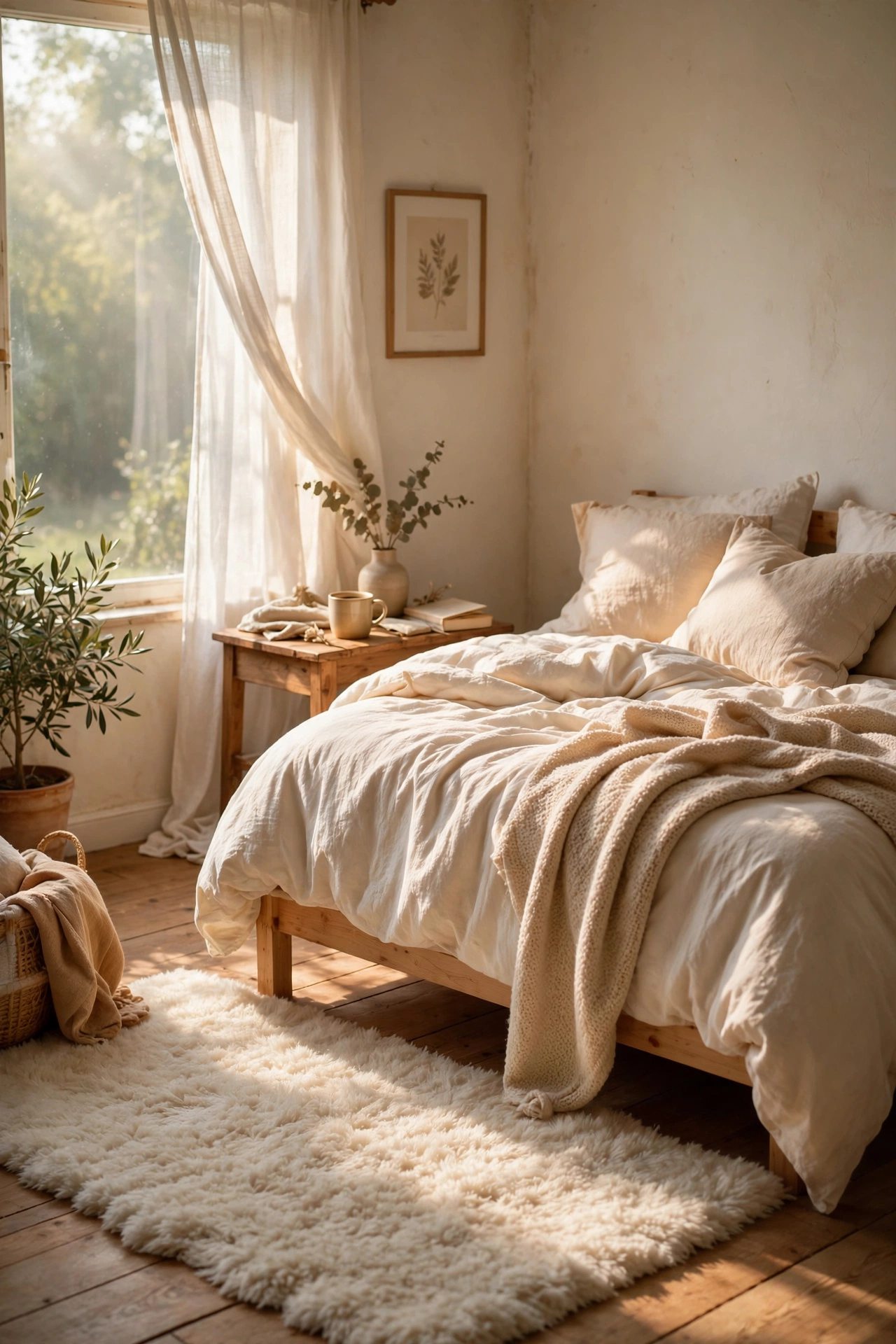 Soft cream rug laid beside a warm white bed on wooden floor