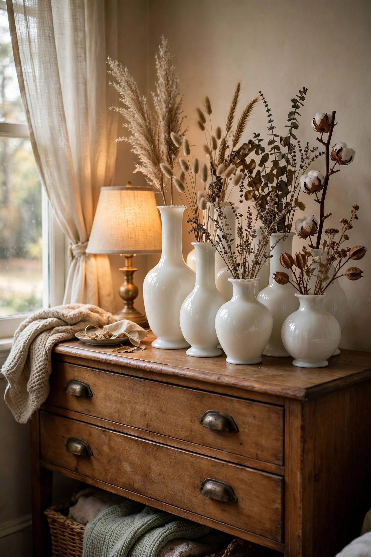 Cluster of milk-glass vases in creamy white on a bedroom dresser