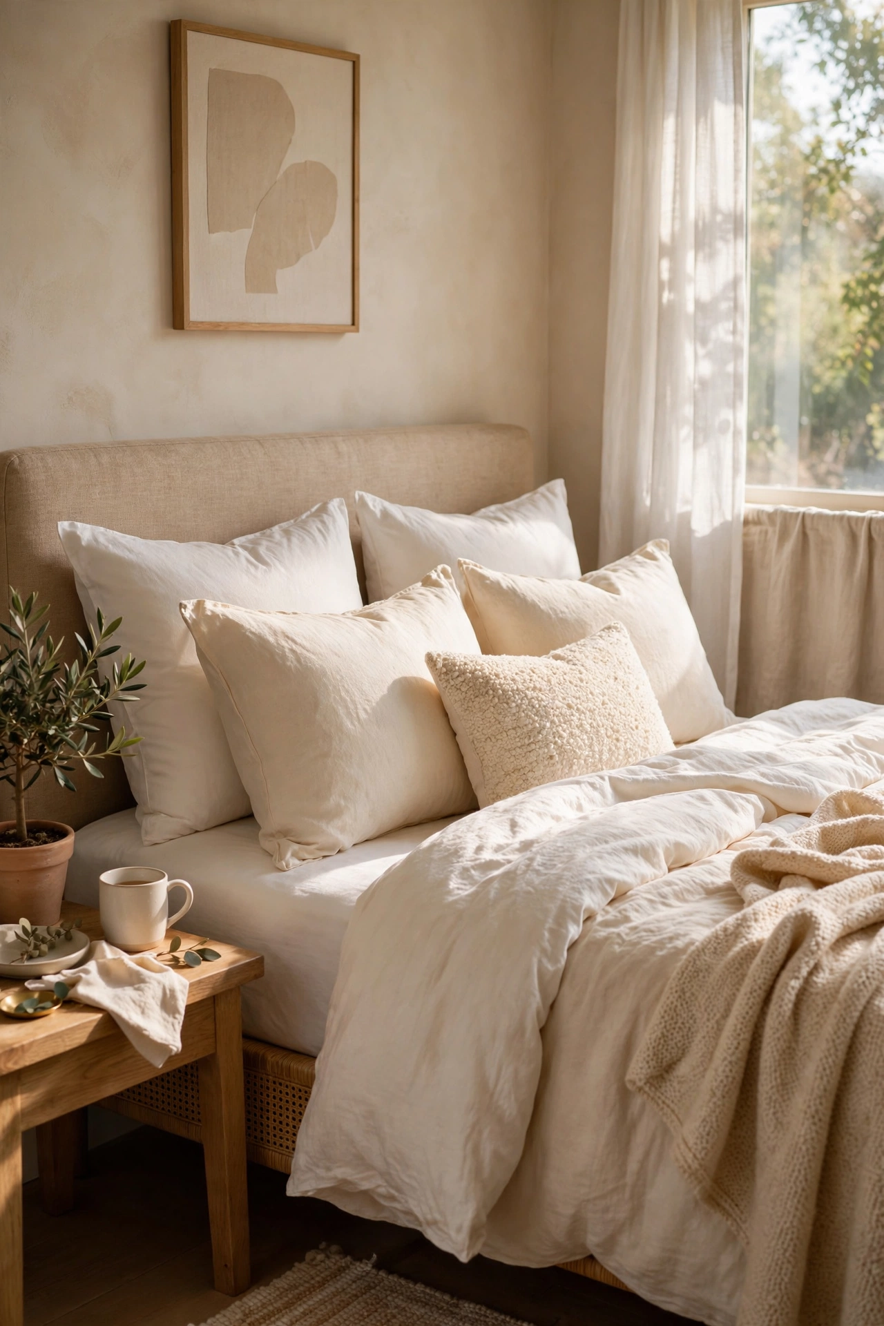 Bed with hotel-style stacked pillows in warm white and cream covers