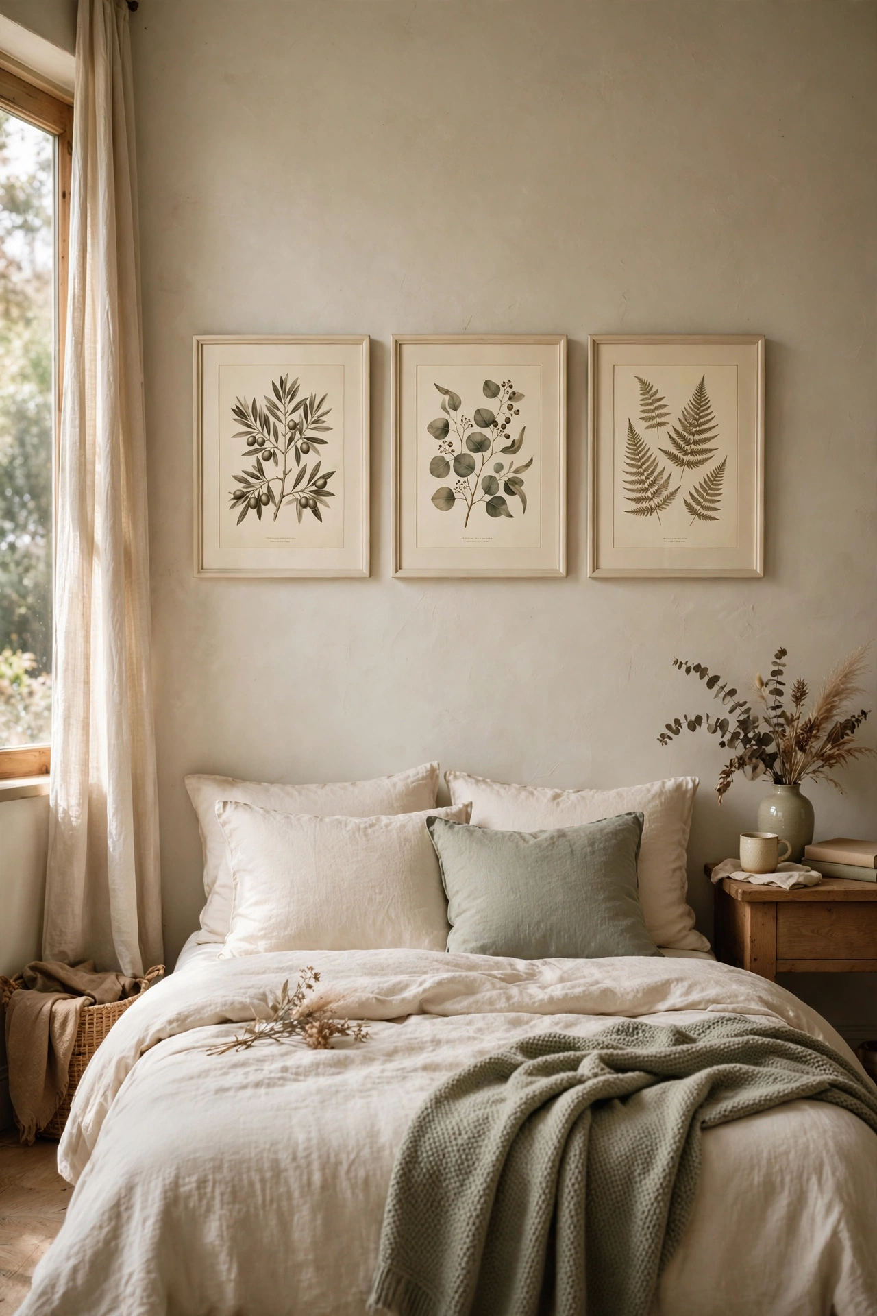 Row of framed botanical prints in cream frames above a bedroom bed