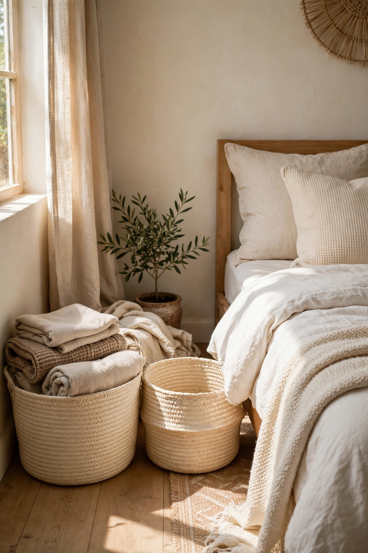 Cream woven seagrass baskets holding throws in a bedroom corner