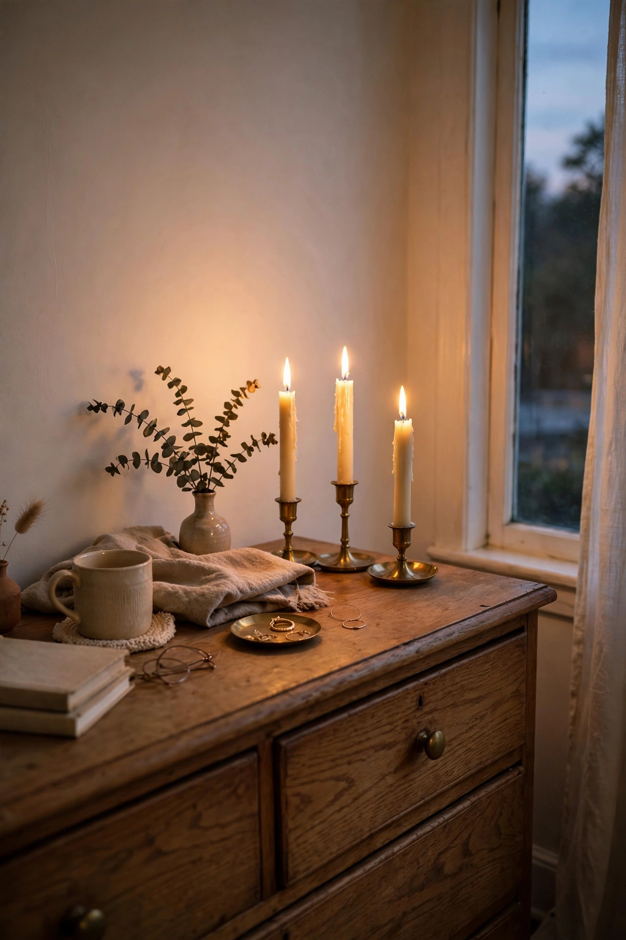 Ivory taper candles in brass holders glowing on a bedroom dresser at dusk