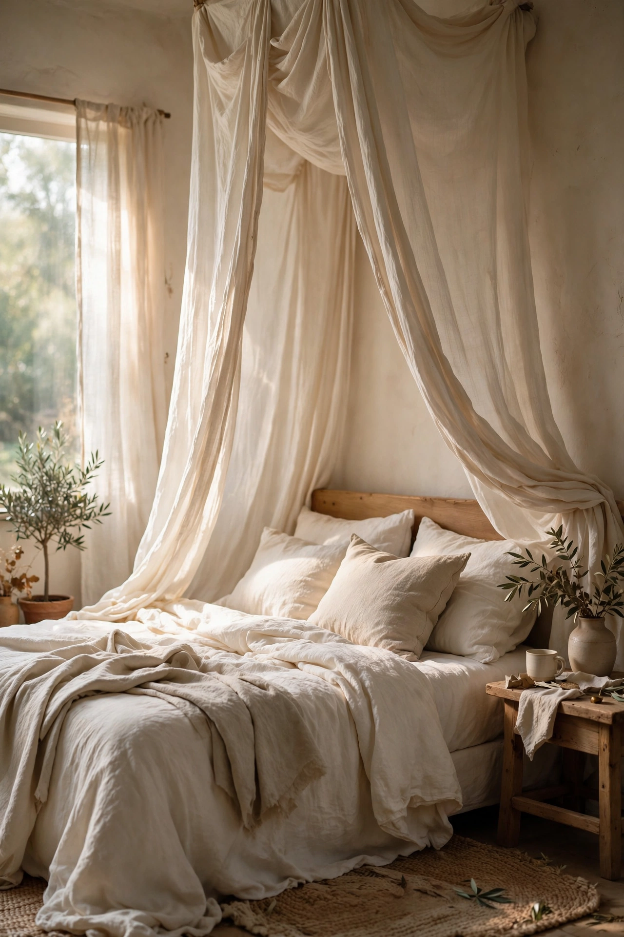 Muslin bed canopy draped softly over a warm white bed