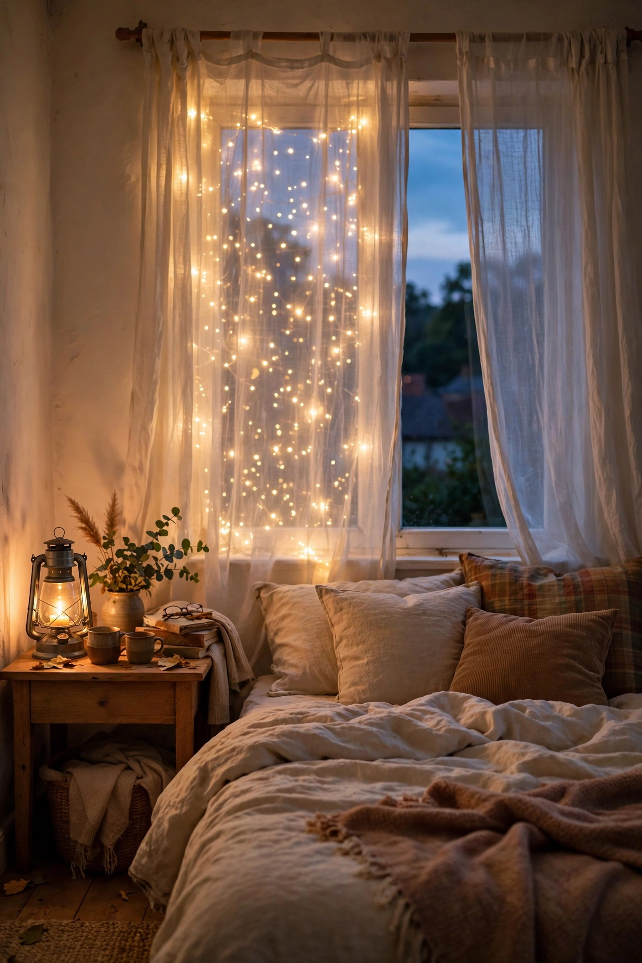 Fairy lights glowing behind sheer curtains on a bedroom window at night