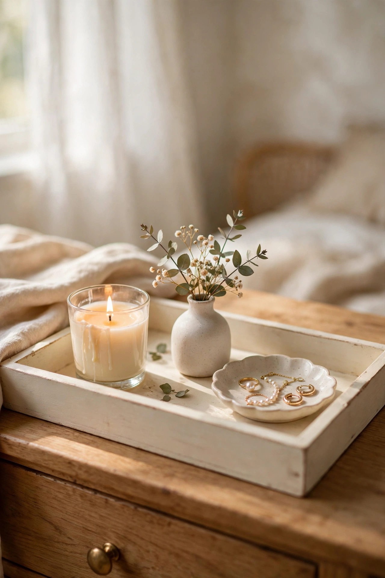 Cream wooden tray styled with candle and vase on a bedroom dresser