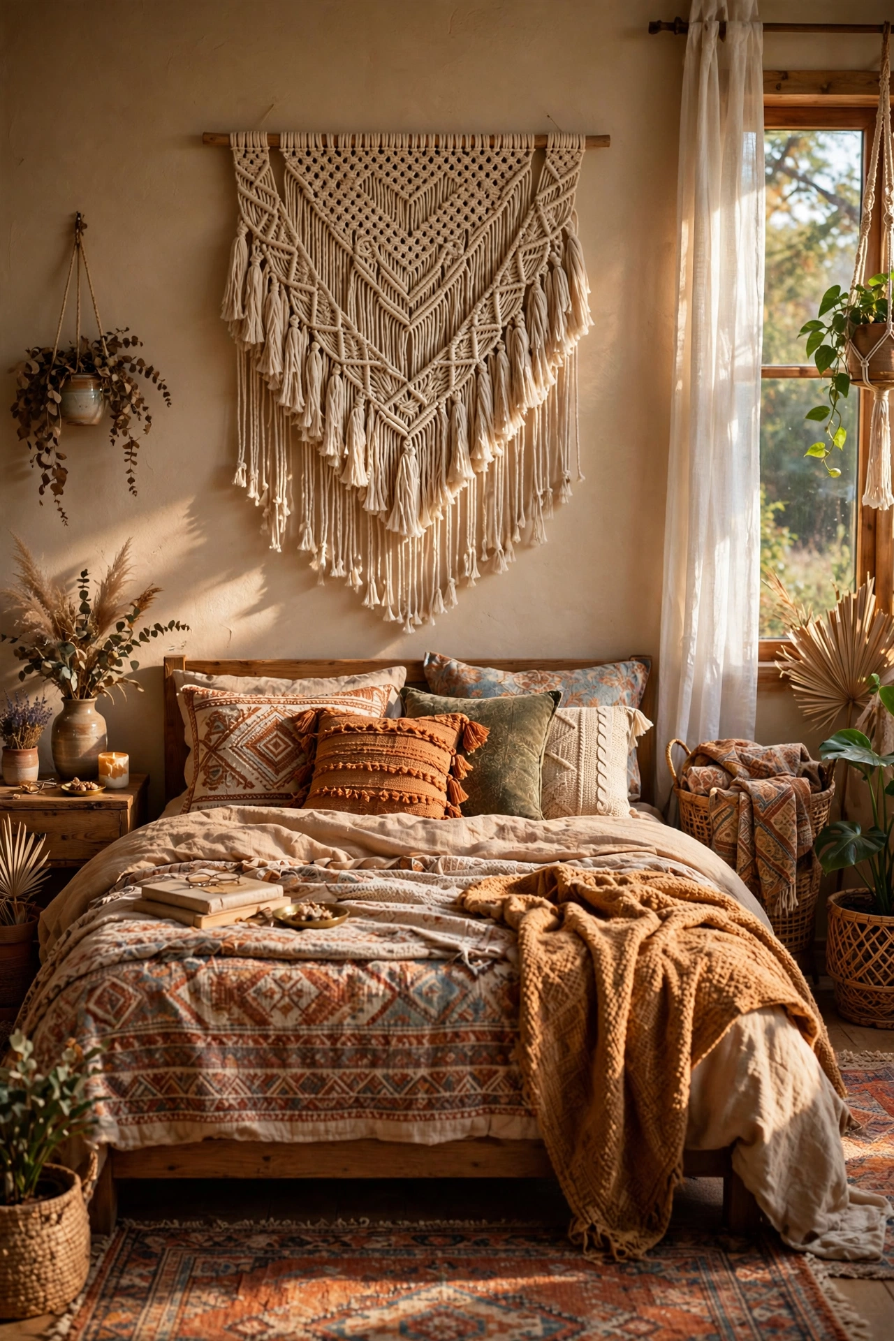 Macrame wall hanging centred over a boho bed with layered textiles