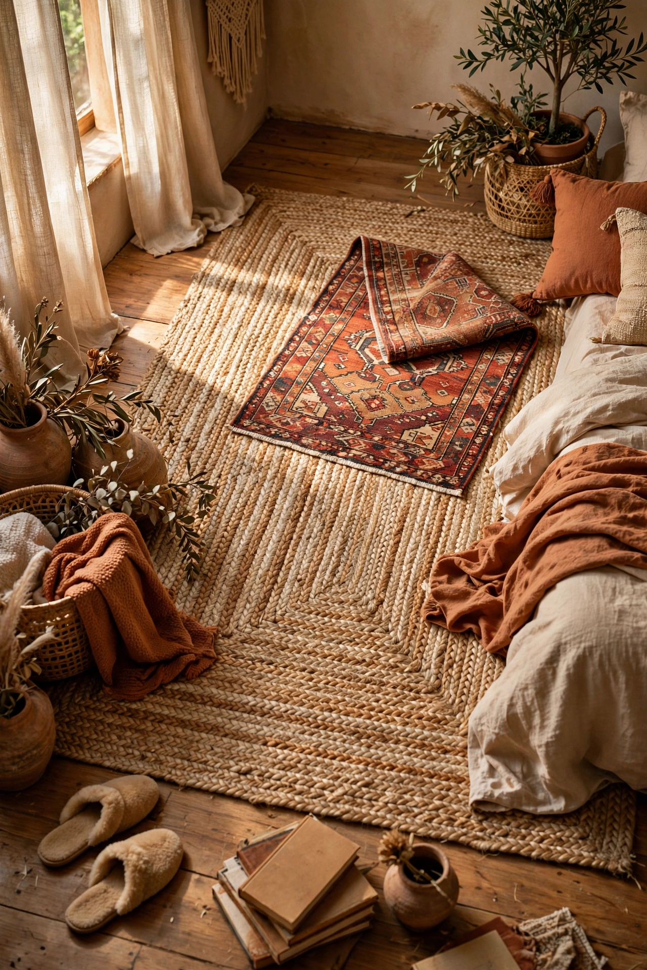 Layered jute and patterned rugs in earth tones on a boho bedroom floor