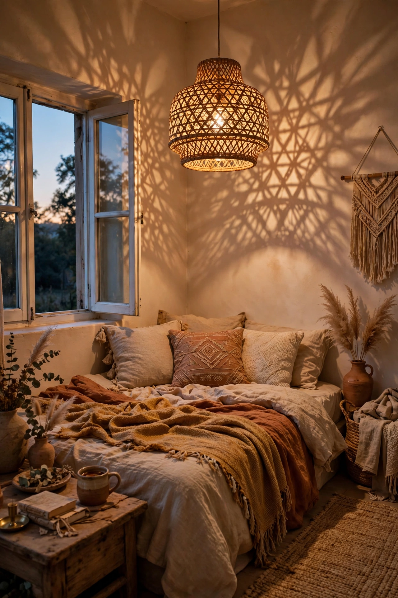 Rattan pendant shade glowing over a boho bed at night