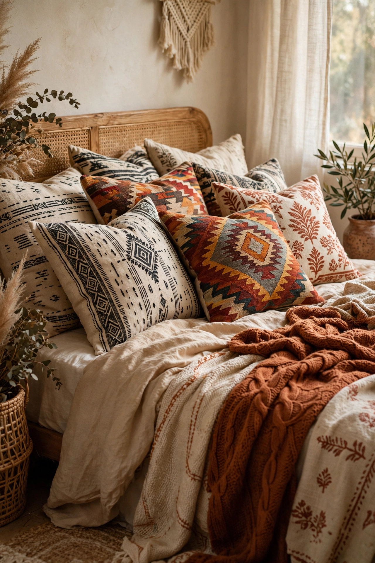 Boho bed piled with mixed-pattern cushions in rust and cream