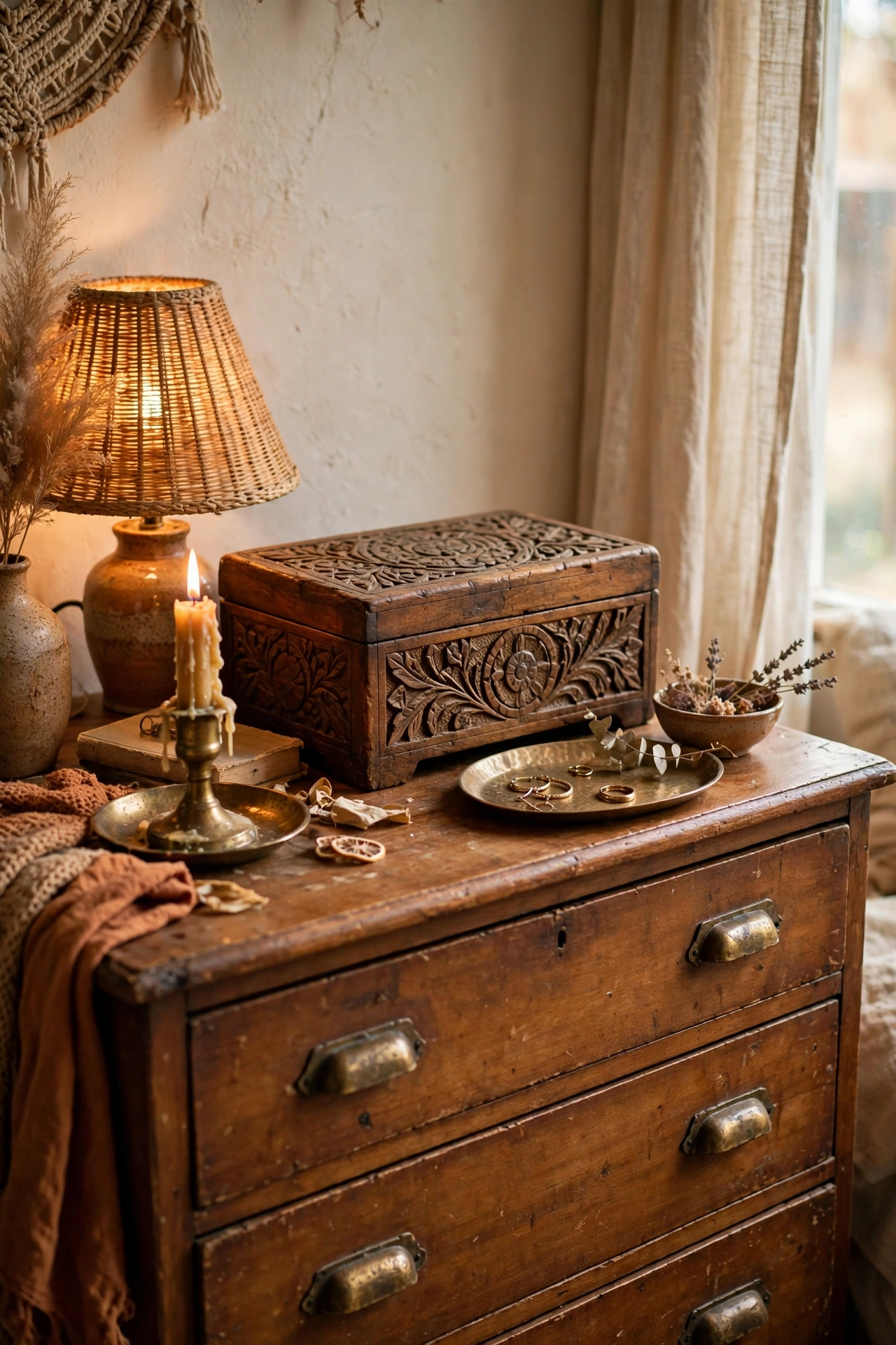 Brass candle holder and carved wooden box on a boho dresser