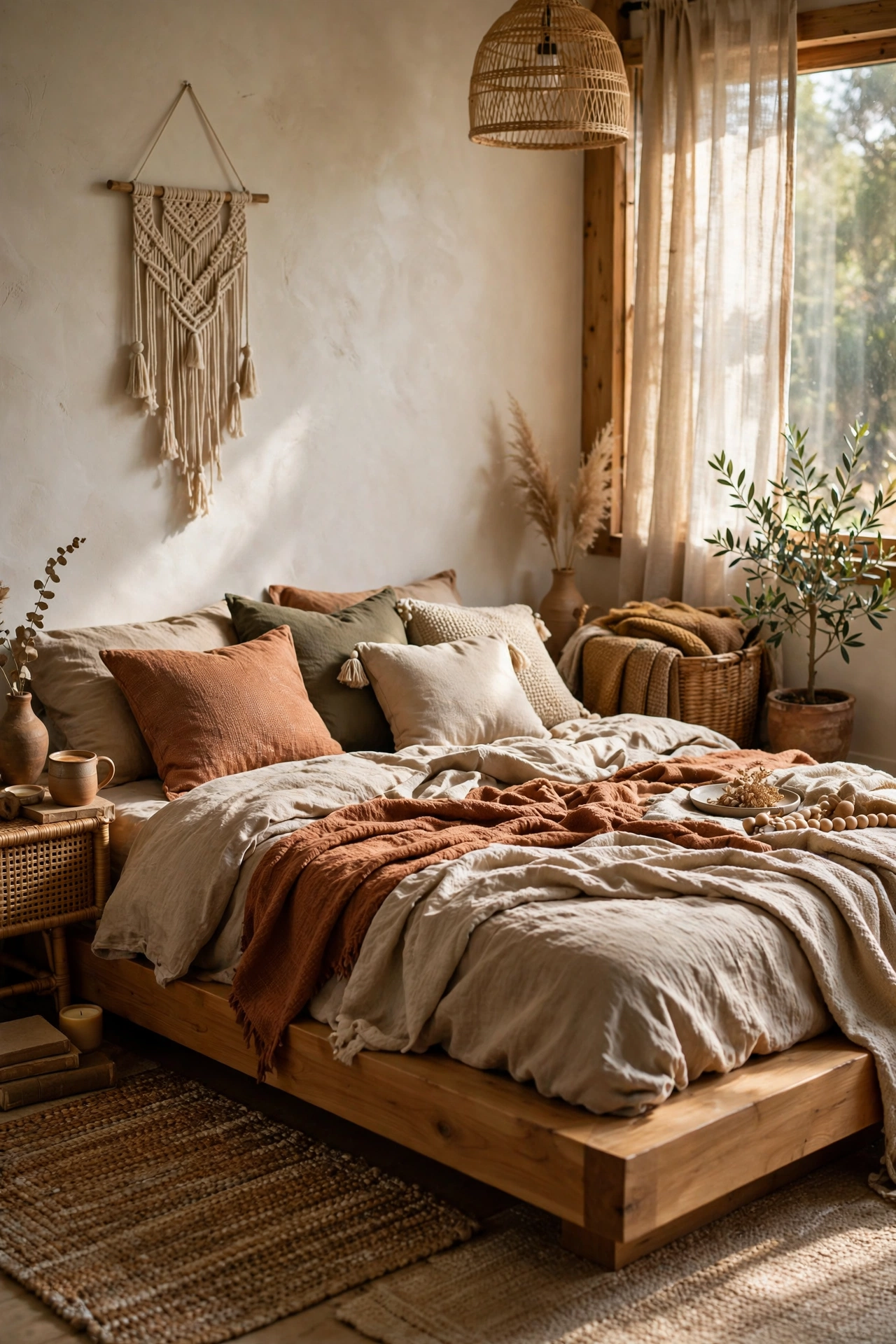 Low natural-wood platform bed with boho bedding in a relaxed bedroom