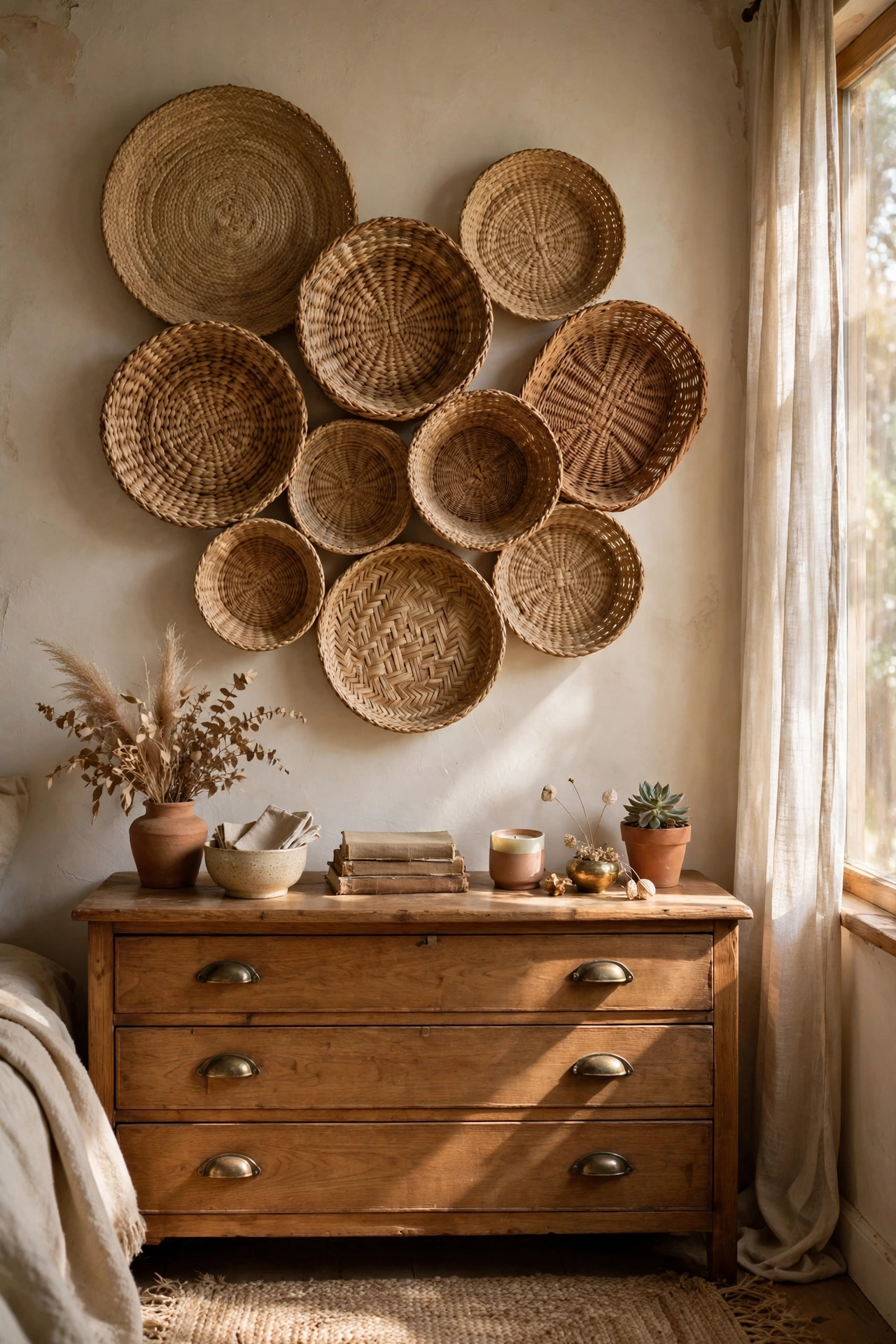 Cluster of flat woven baskets hung on a boho bedroom wall