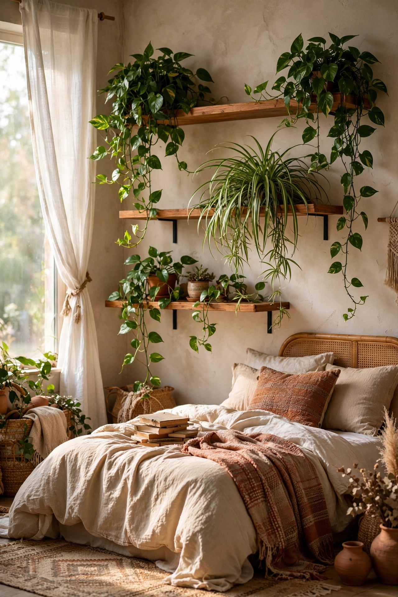 Trailing pothos plants on floating shelves in a boho bedroom