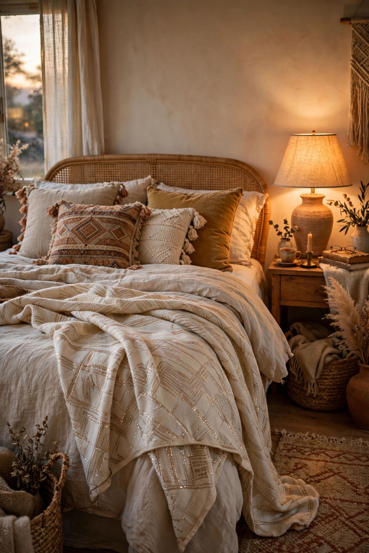 Moroccan-style cream throw with metallic threading on a boho bed