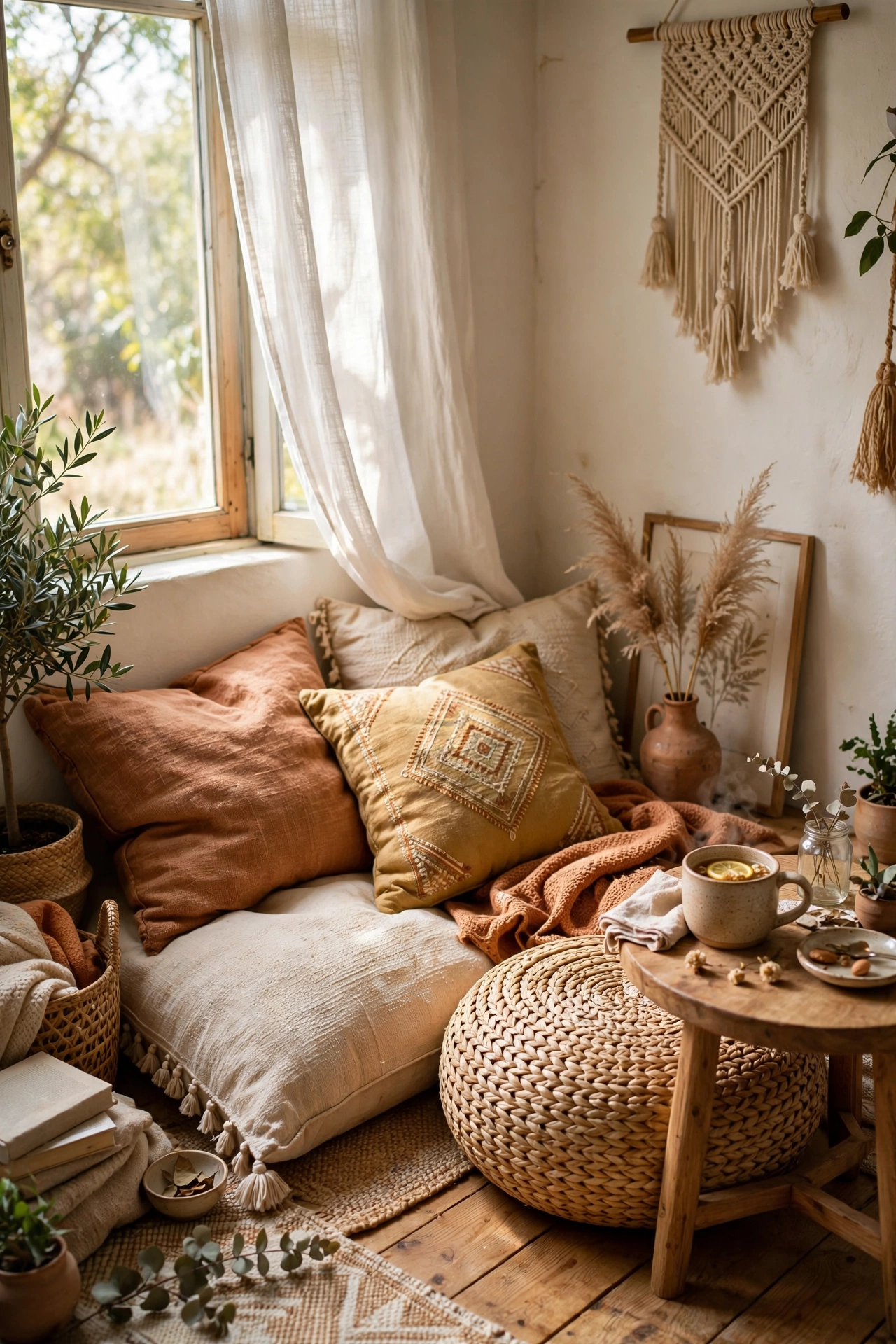 Floor cushion reading corner with pouf in a bright boho bedroom