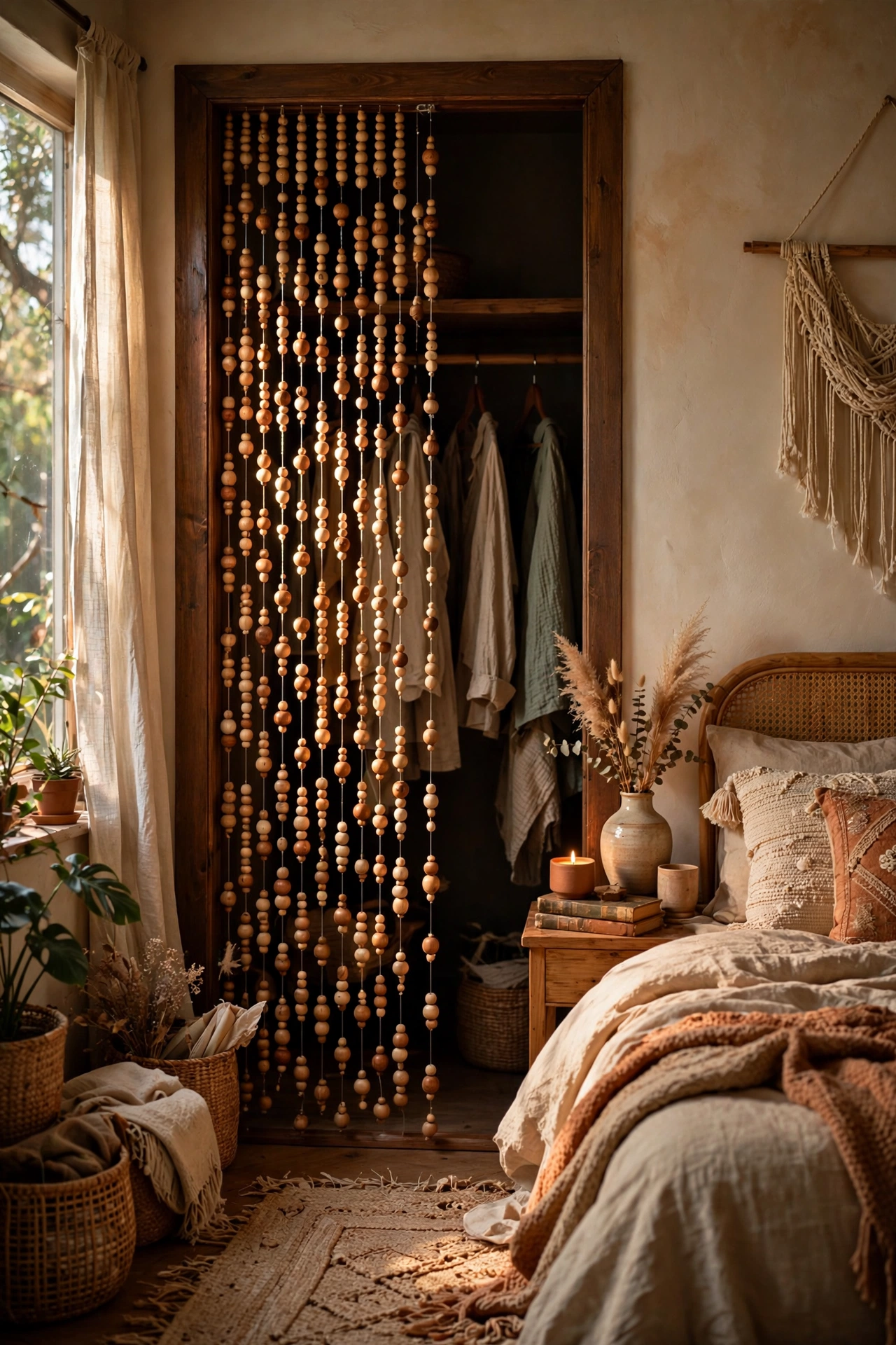 Wooden beaded curtain hanging in a boho wardrobe doorway