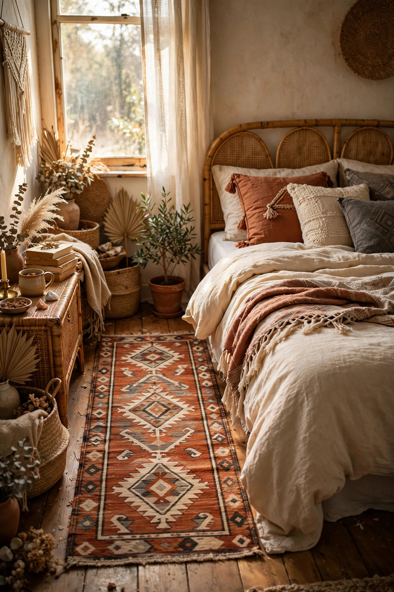 Vintage-style kilim runner in rust and cream beside a boho bed