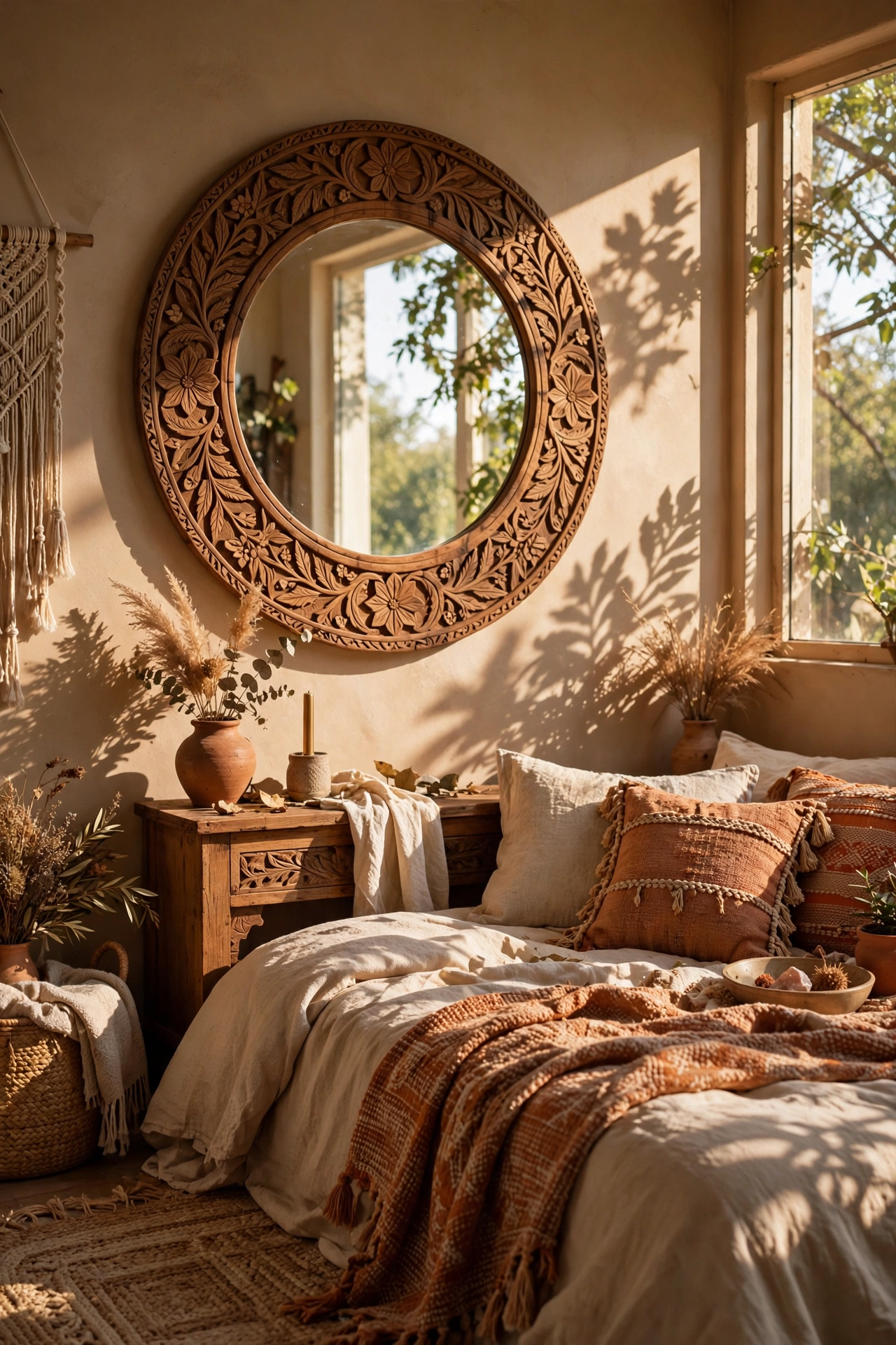 Round mirror with carved wooden frame reflecting window light in a boho bedroom