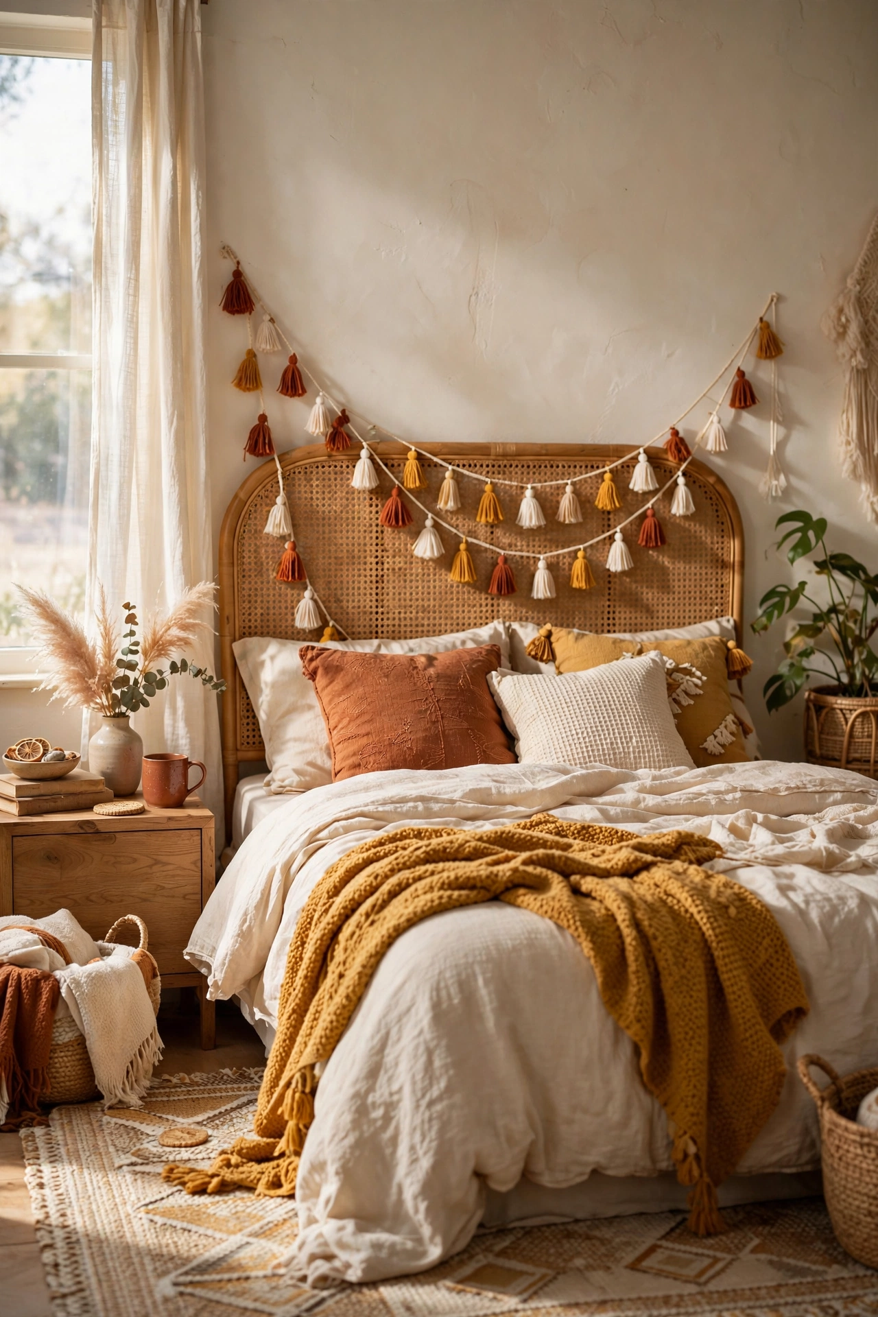 Tassel garland in earthy tones draped across a boho headboard