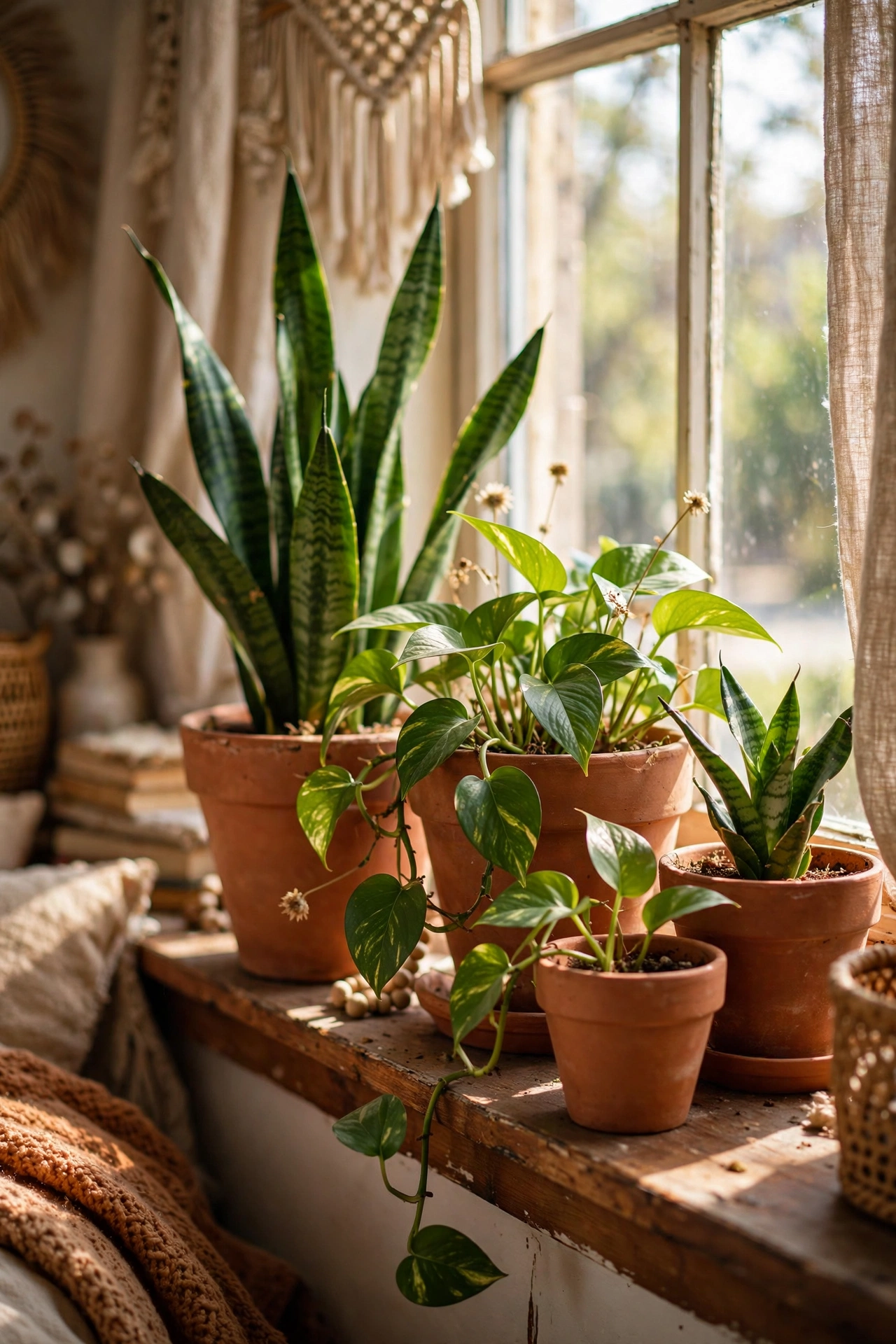 Cluster of terracotta pots with green plants on a boho windowsill