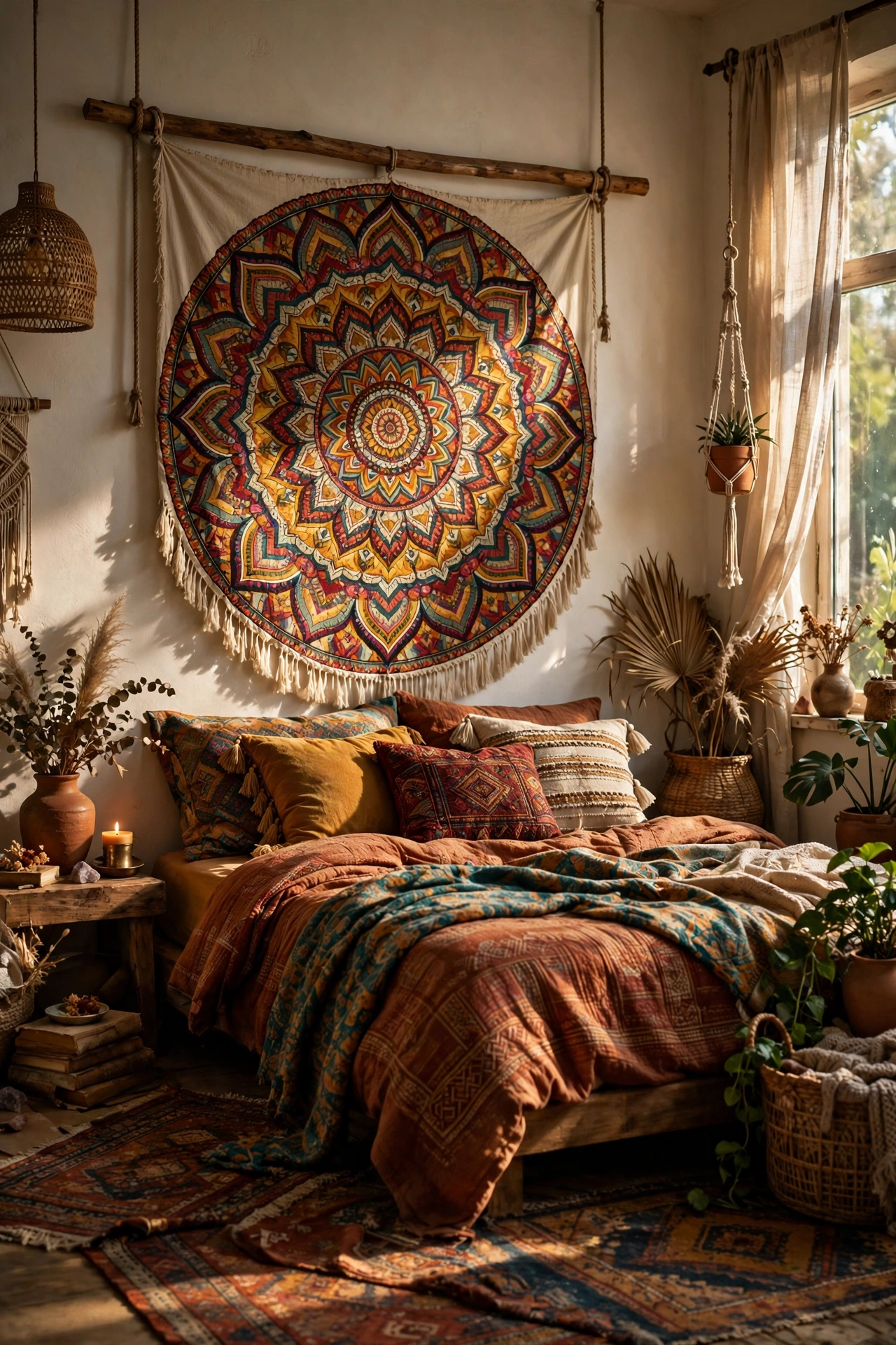 Mandala wall hanging hung as a headboard behind a boho bed