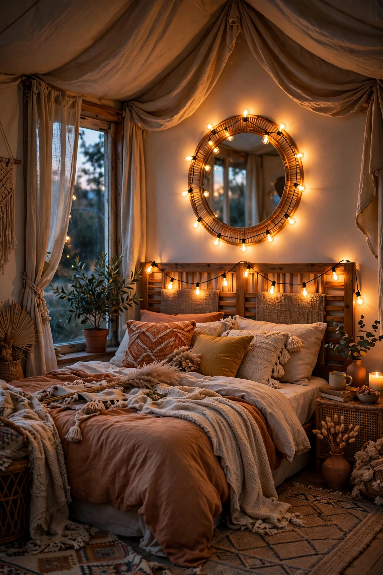 Warm Edison string lights draped along a boho headboard at night