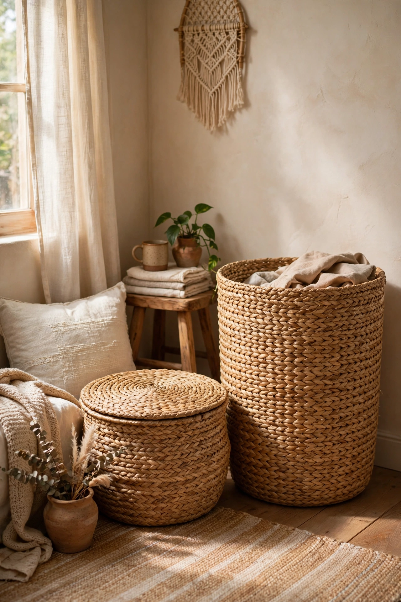 Tall handwoven seagrass hamper and lidded basket in a boho bedroom