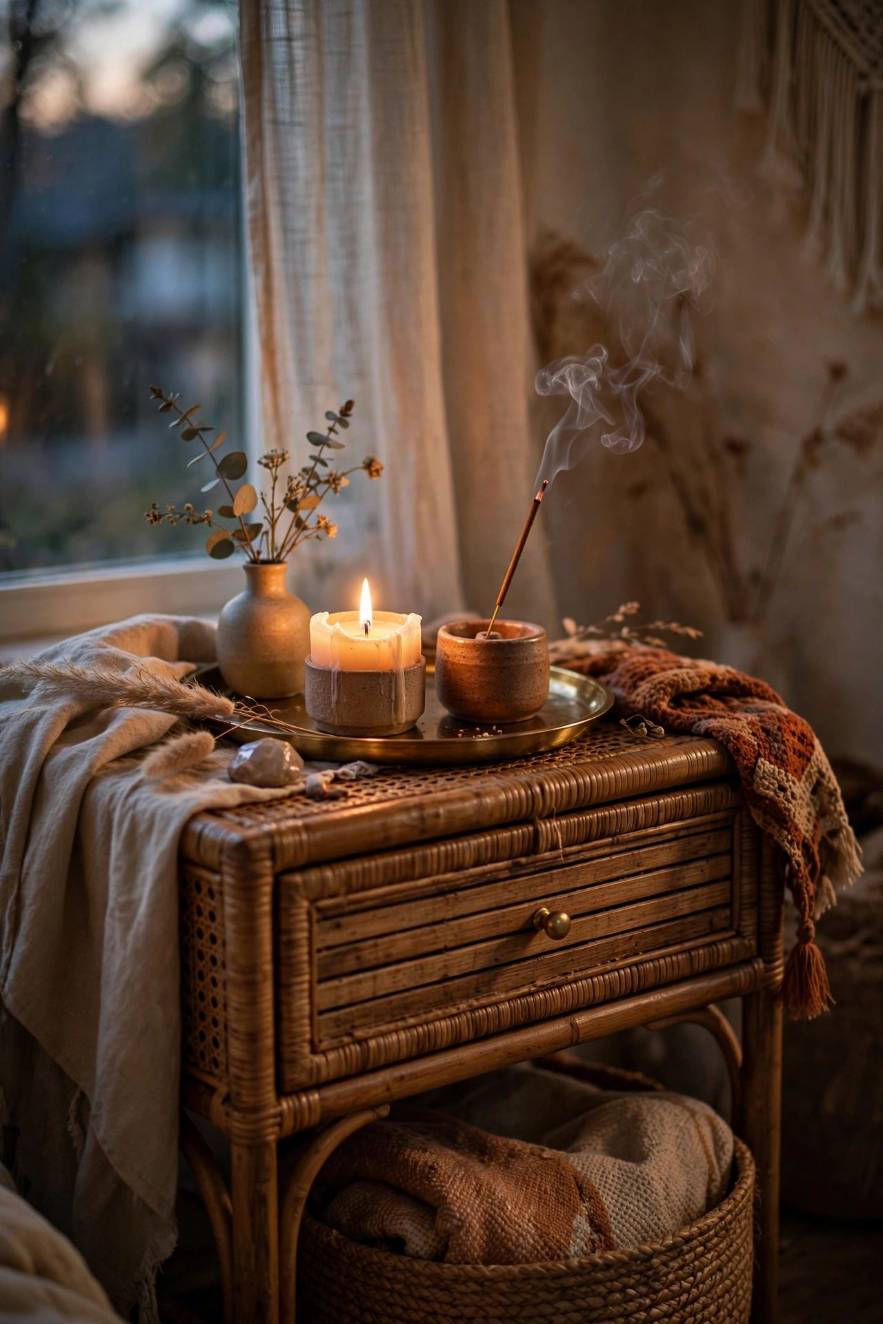 Brass tray with candle and incense holder on a boho nightstand