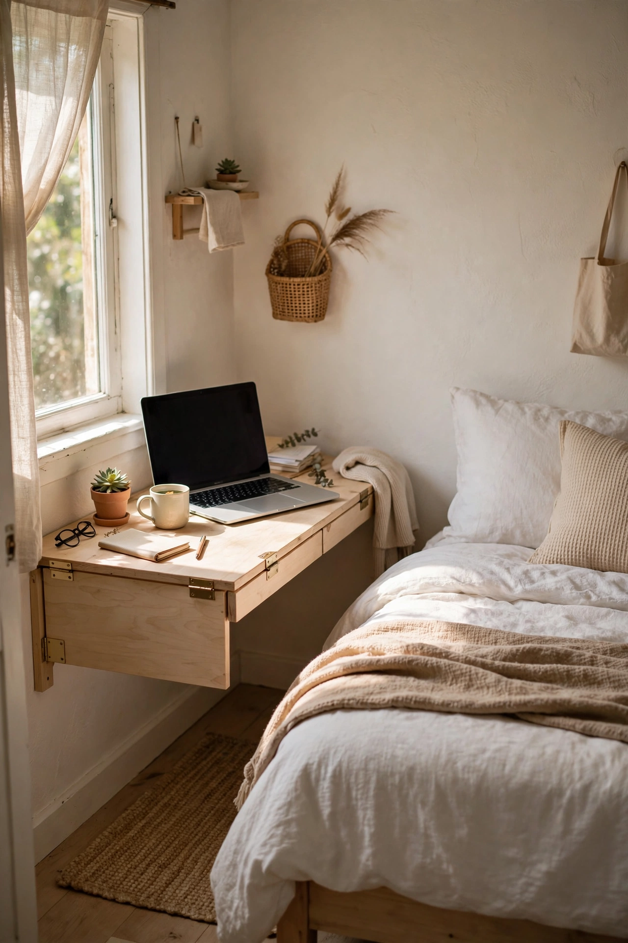 Small bedroom with a wall-mounted fold-down desk beside the bed