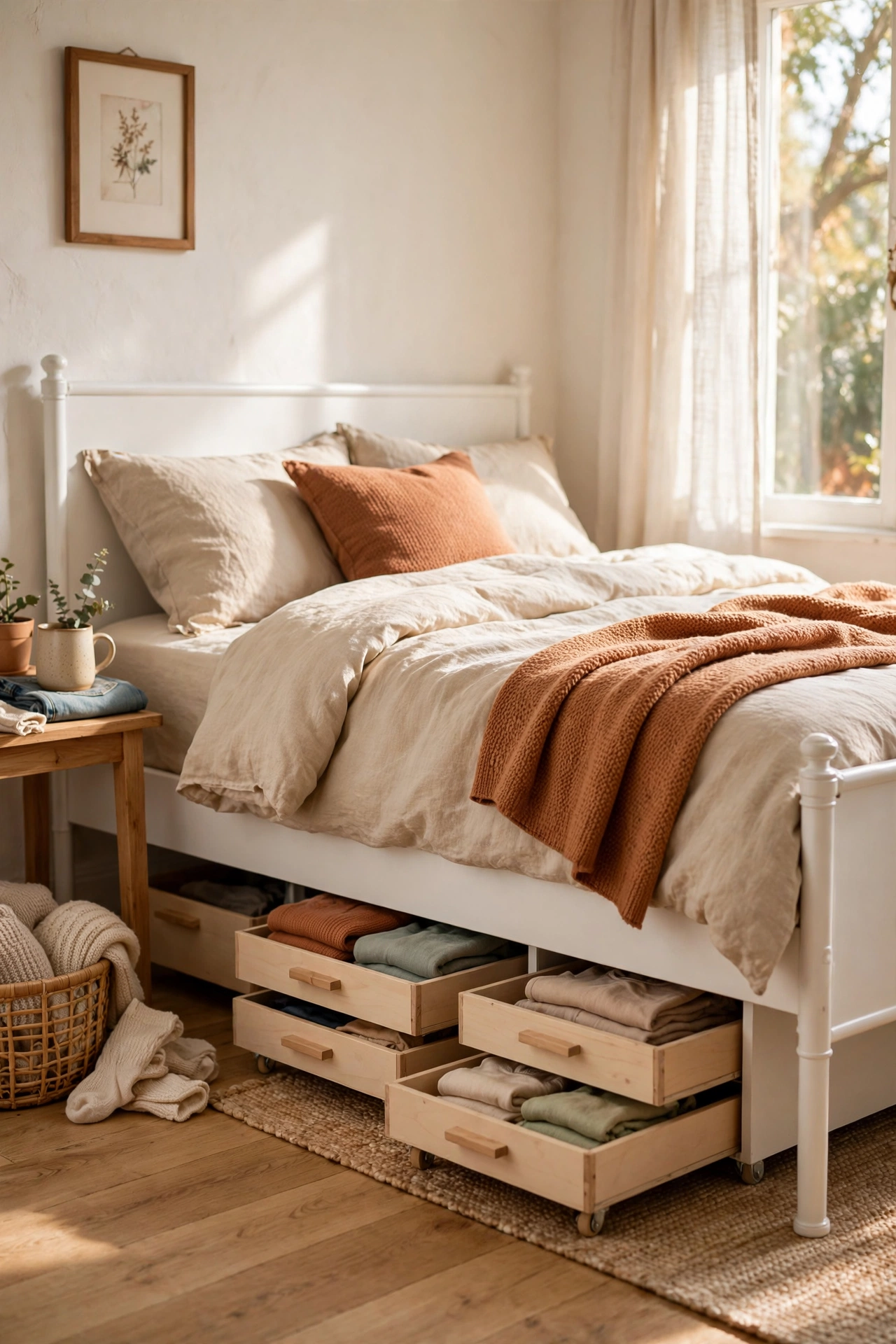 Shallow rolling drawers tucked neatly under a bed in a small bedroom