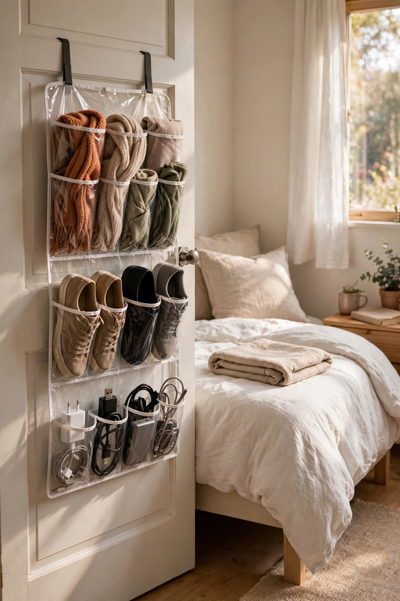 Clear over-the-door pocket organiser holding shoes and accessories