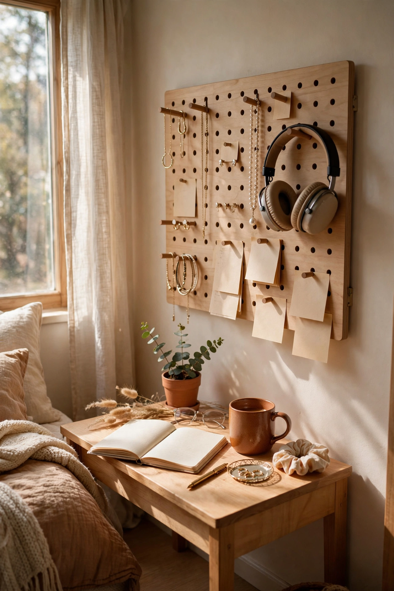 Pegboard wall organiser above a desk in a tiny bedroom