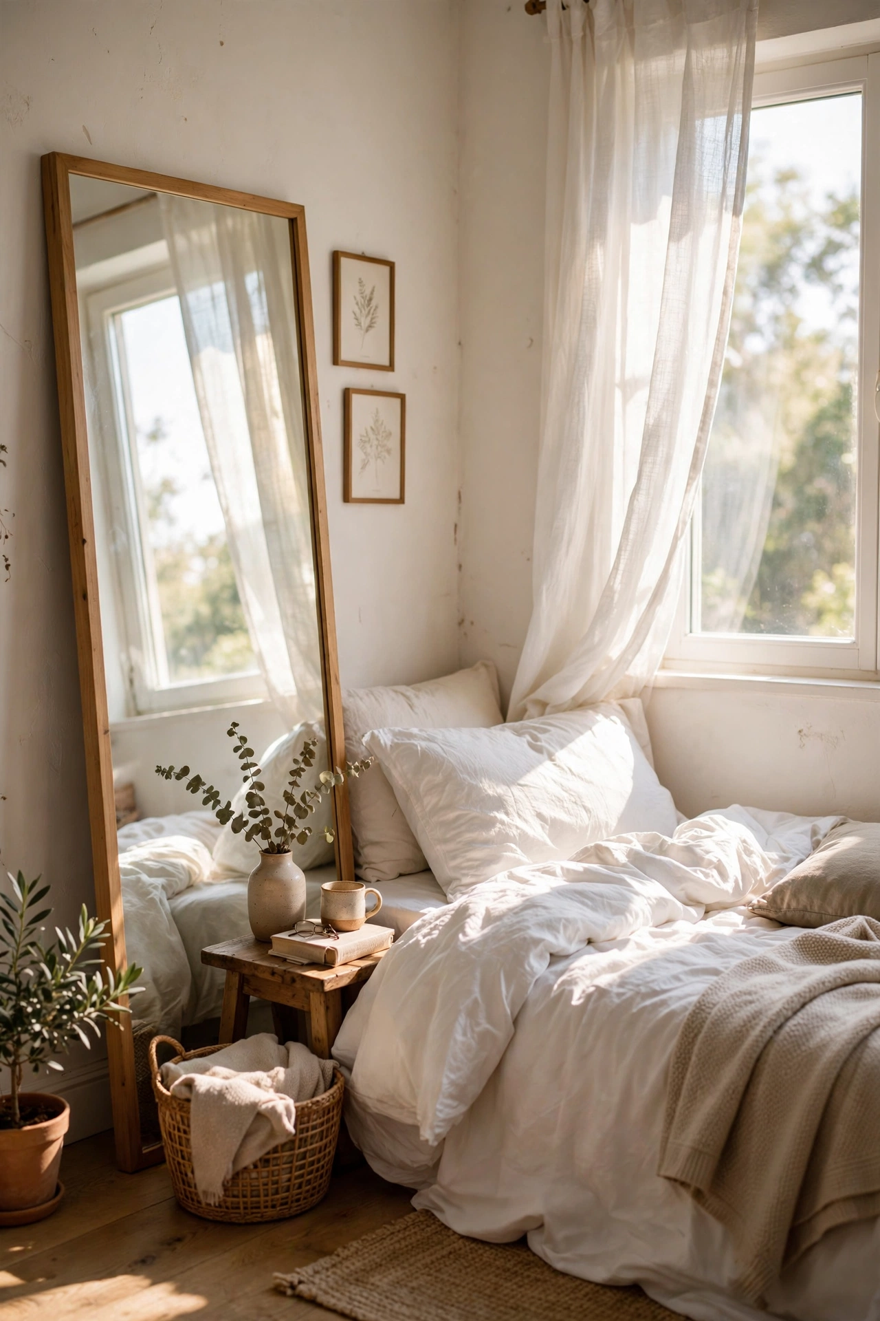 Full-length mirror opposite a bright window in a small bedroom