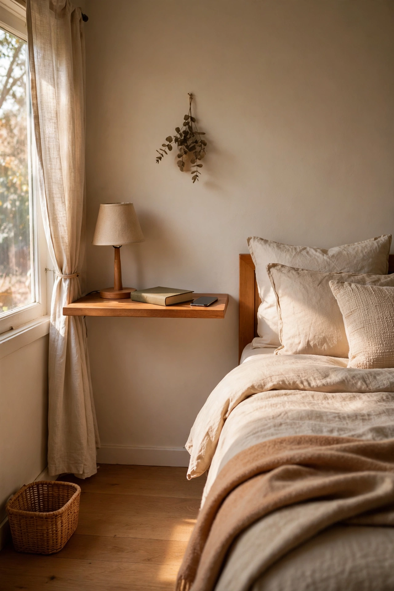 Floating shelf nightstand beside a bed in a compact bedroom