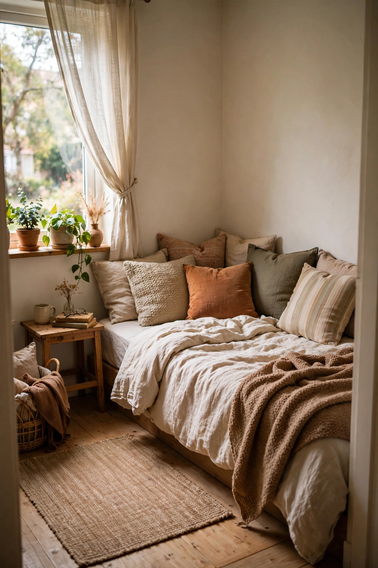 Bed pushed into the corner of a small bedroom styled as a daybed