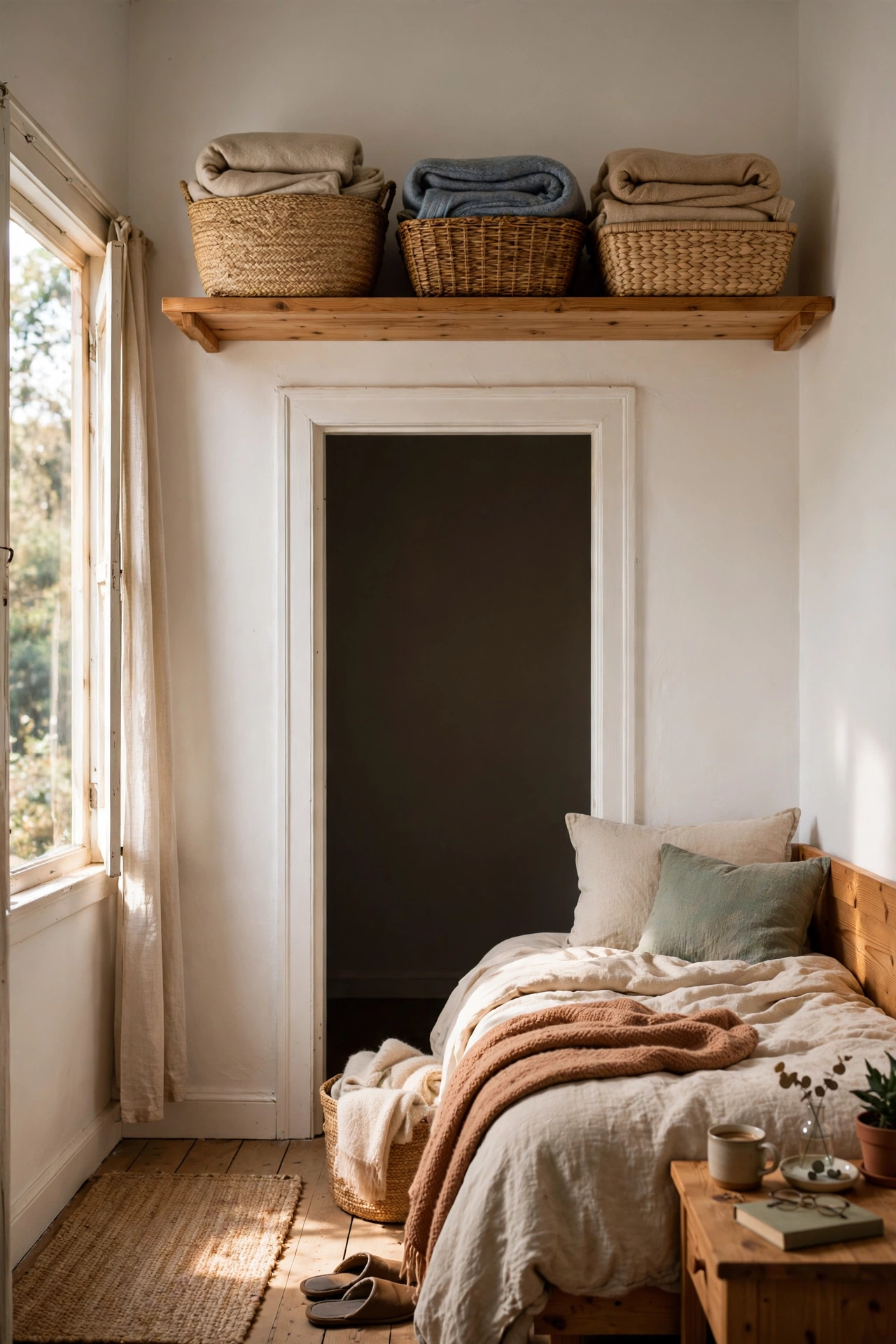 Storage shelf with baskets mounted above a bedroom doorframe