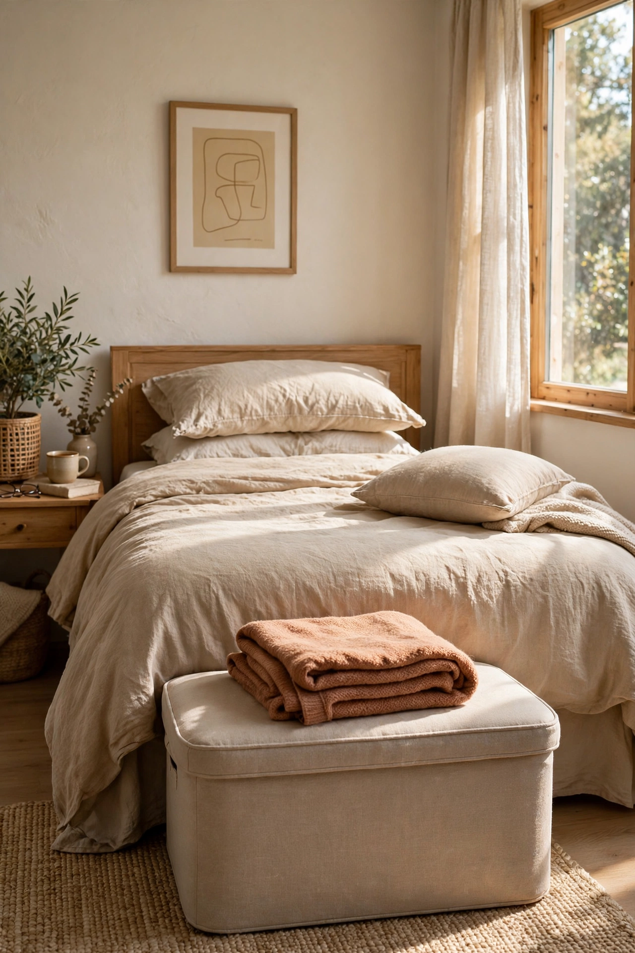 Lidded storage ottoman at the foot of a bed in a small bedroom