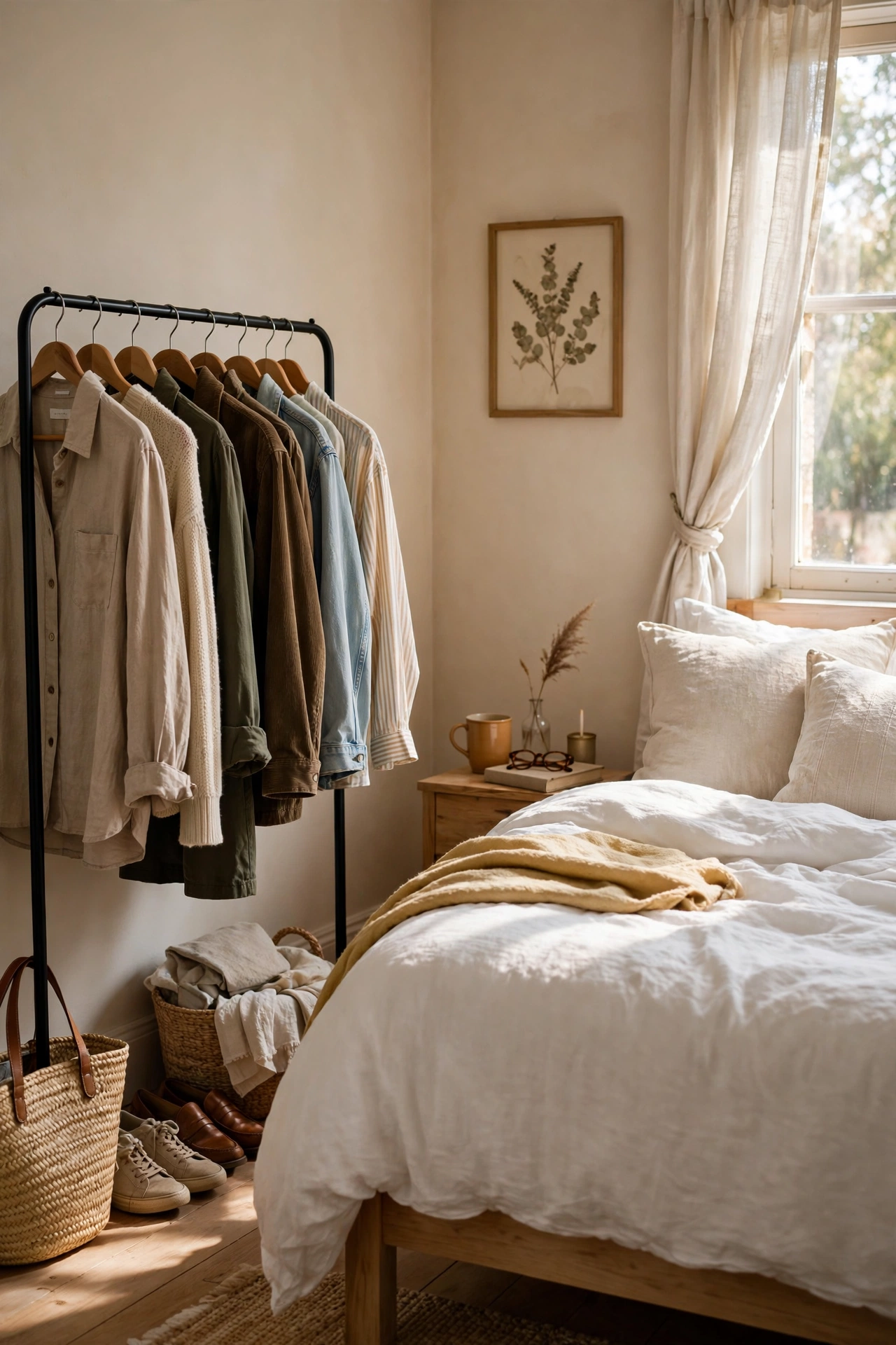 Narrow clothes rail in the corner of a small bedroom