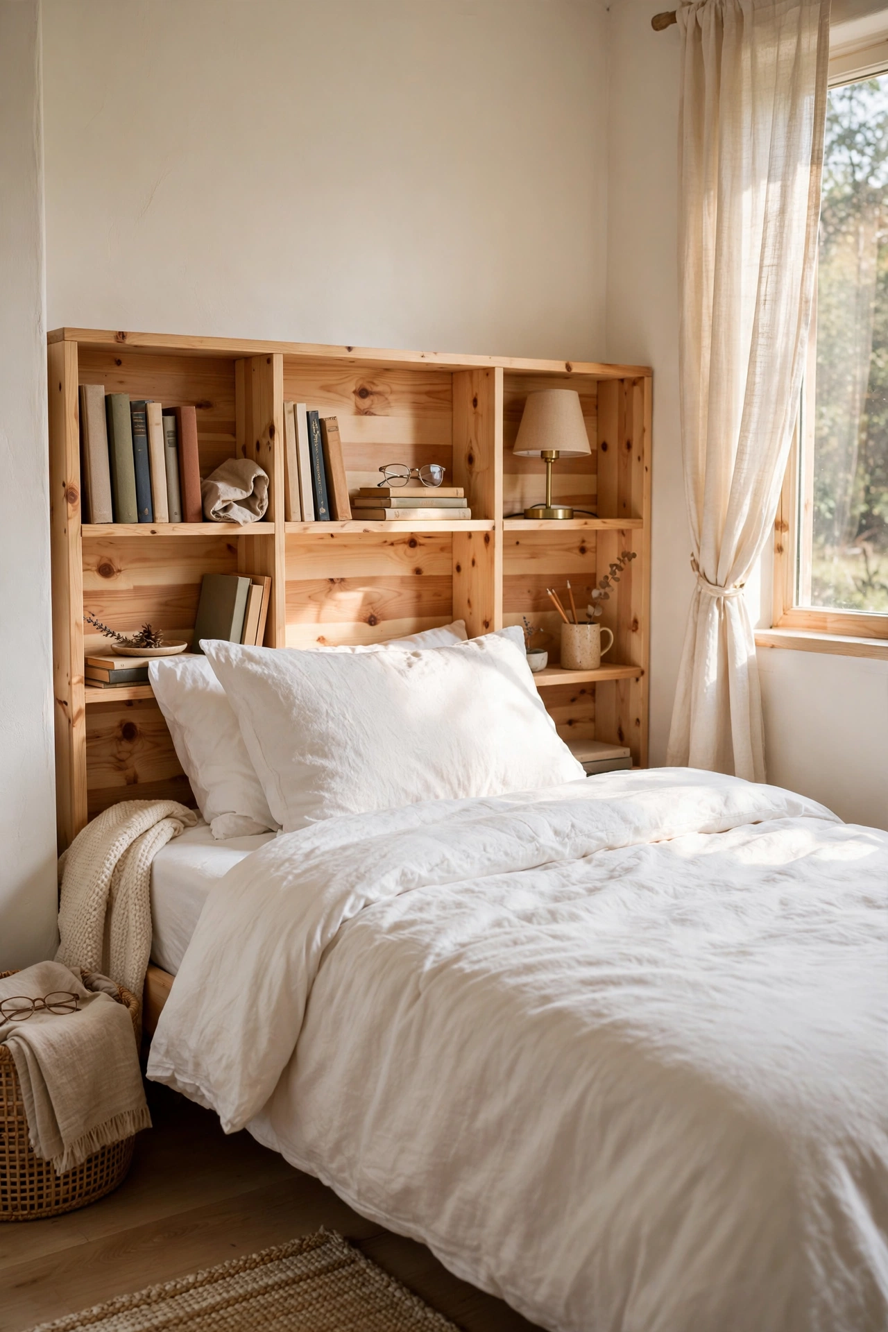 Wooden headboard with built-in shelves beside a small bed