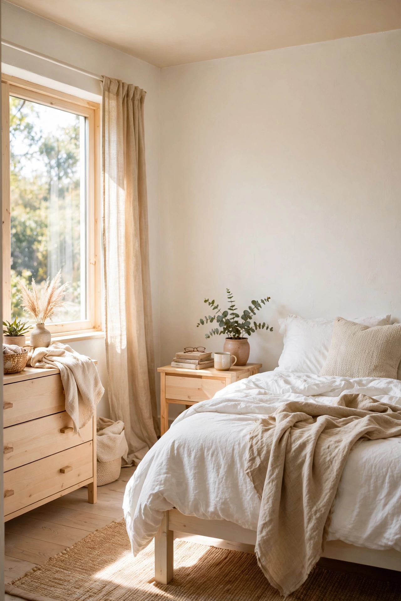 Small bedroom painted warm white feeling bright and spacious