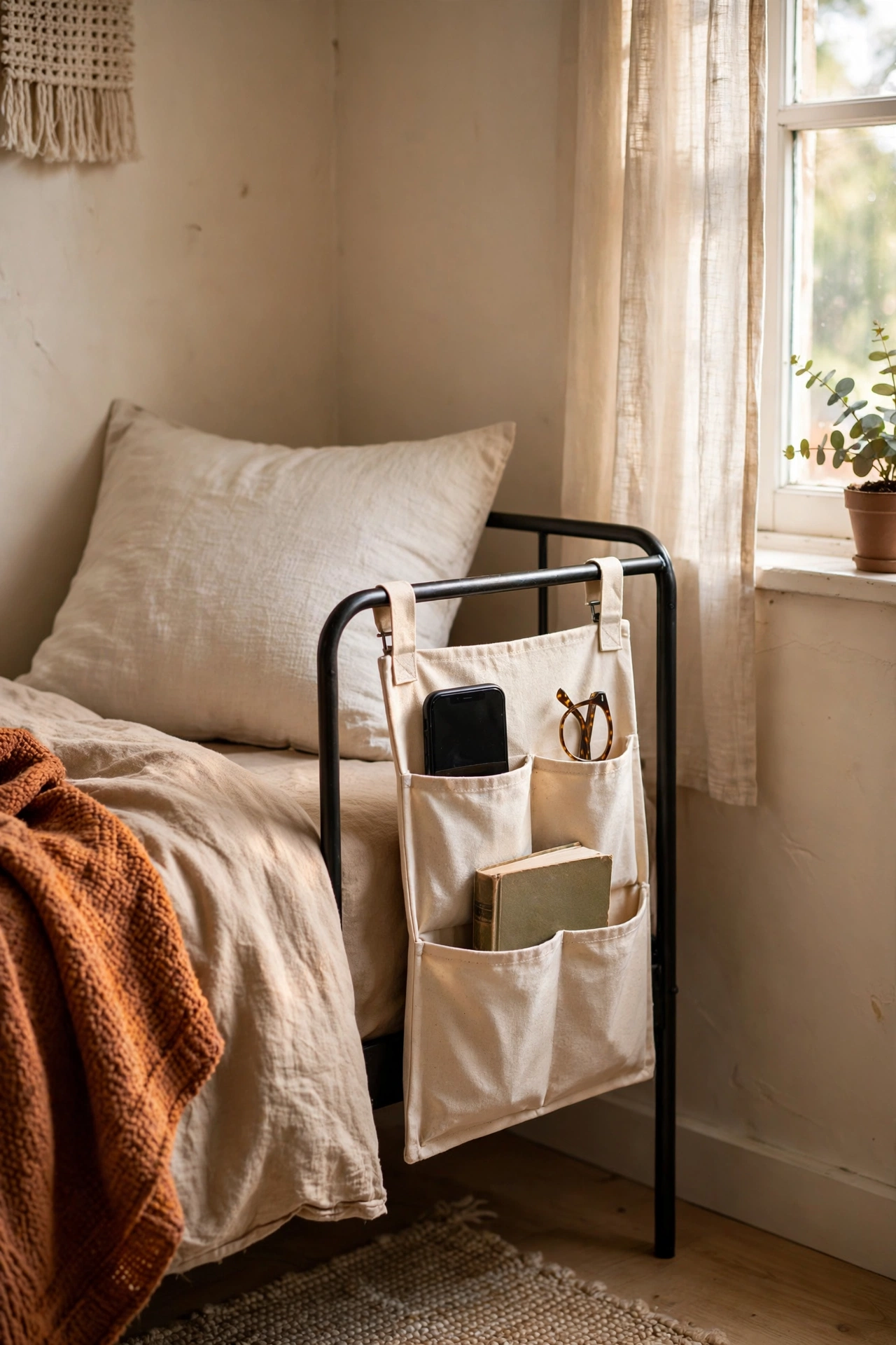 Fabric bedside caddy hanging over a bed frame in a tiny bedroom