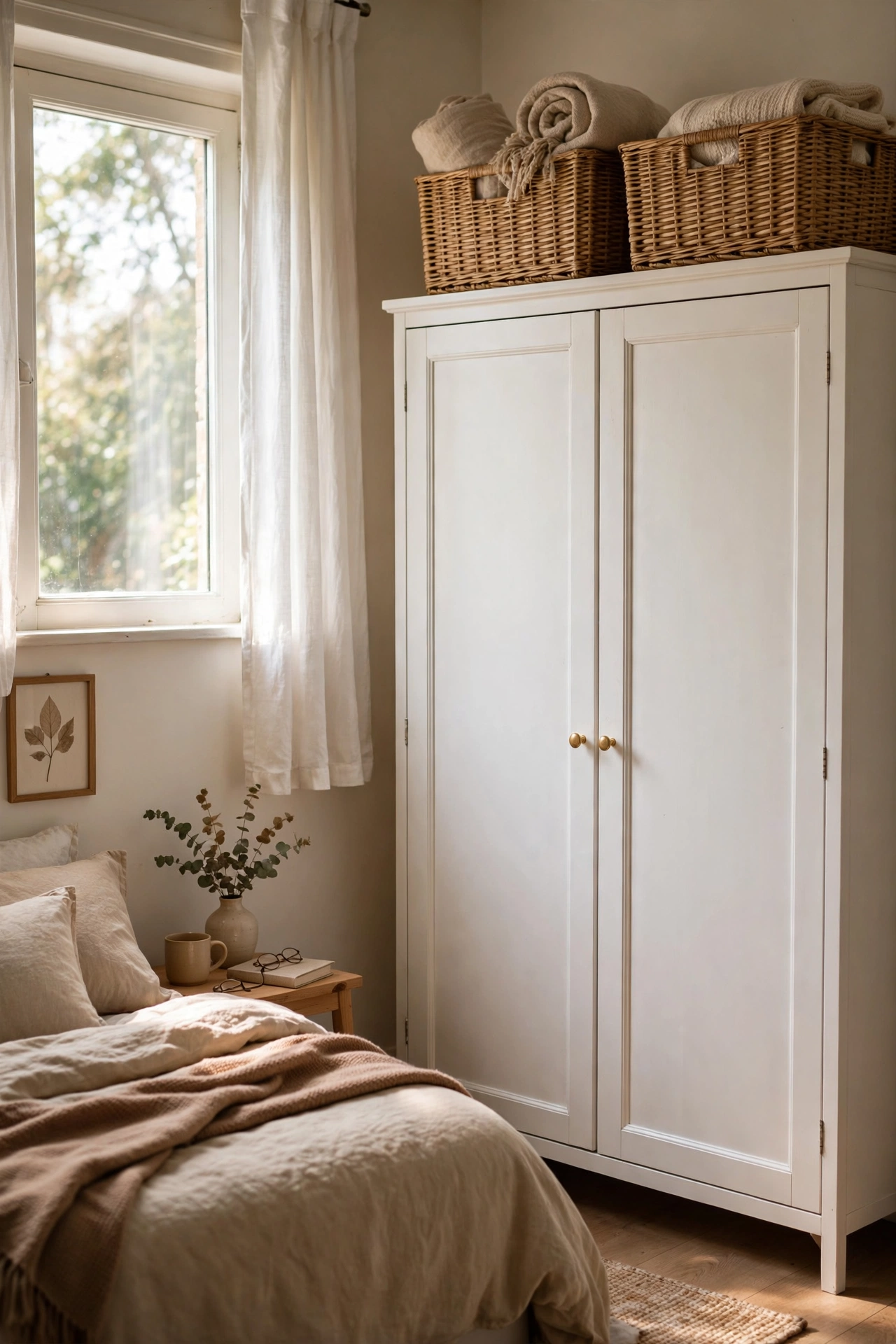 Matching baskets stored on top of a bedroom wardrobe
