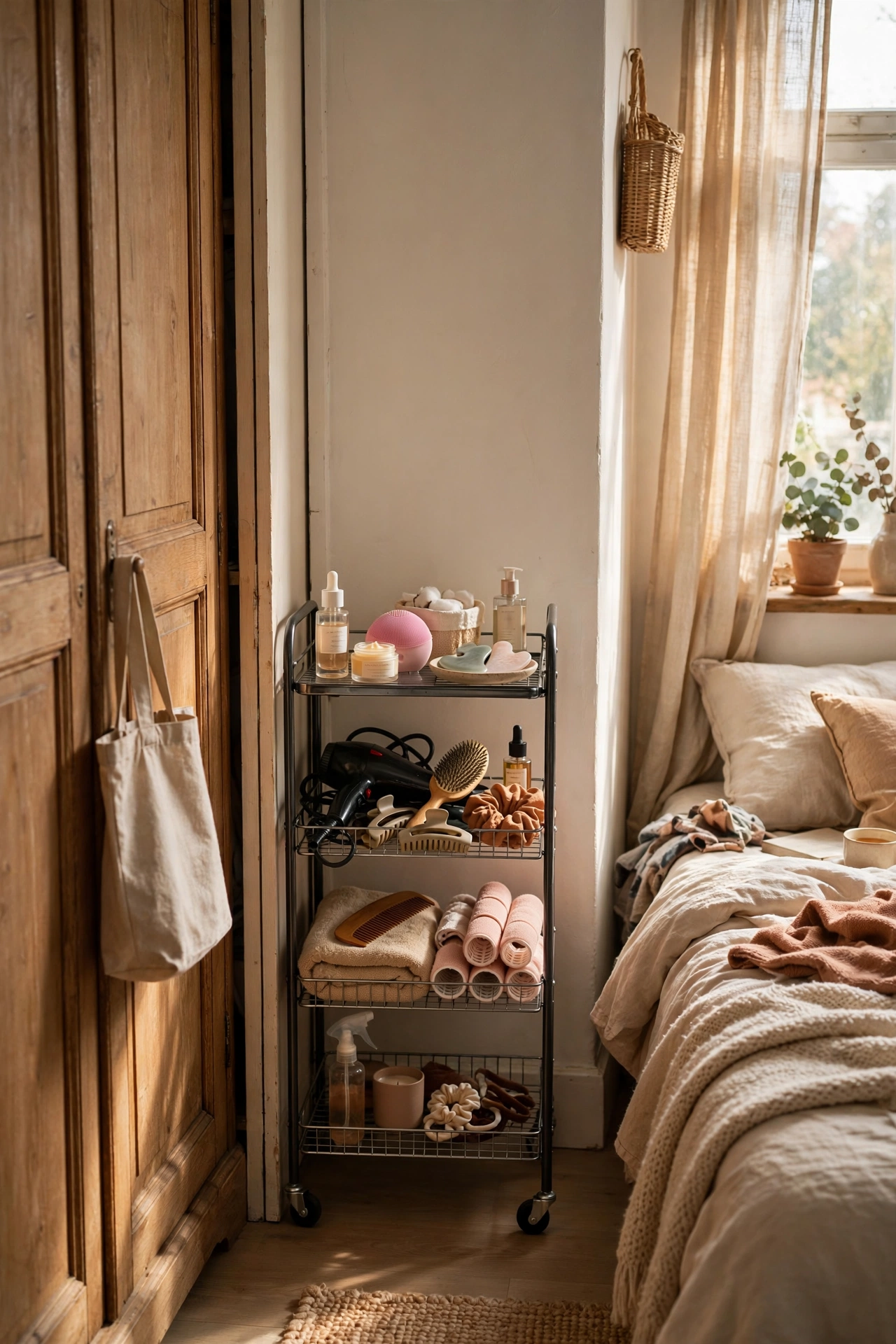 Slim rolling cart slotted between wardrobe and wall in a bedroom